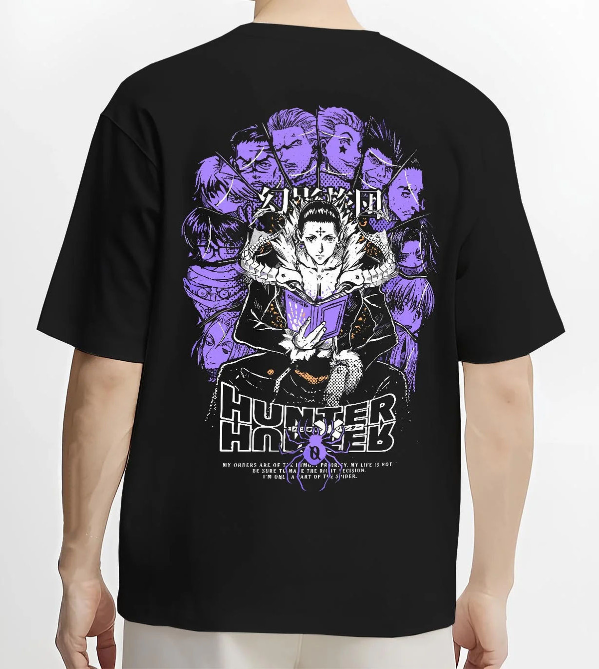 Black T-shirt worn by male model from the back featuring Chrollo Lucilfer Phantom Troupe Hunter x Hunter artwork.