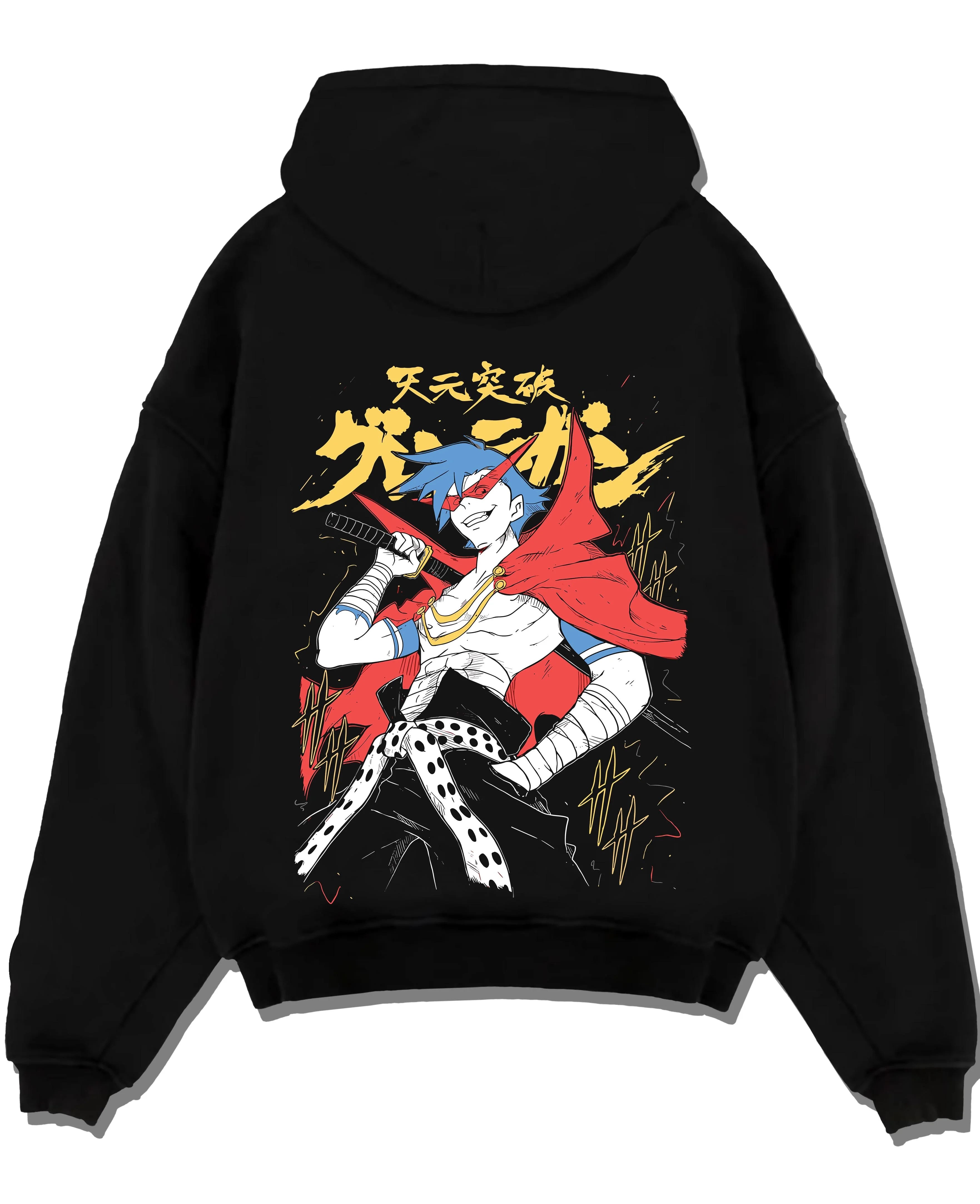 Black pullover hoodie laid flat with Kamina Hoodie Gurren Lagann Spiral Fighting Soul graphic premium wear.