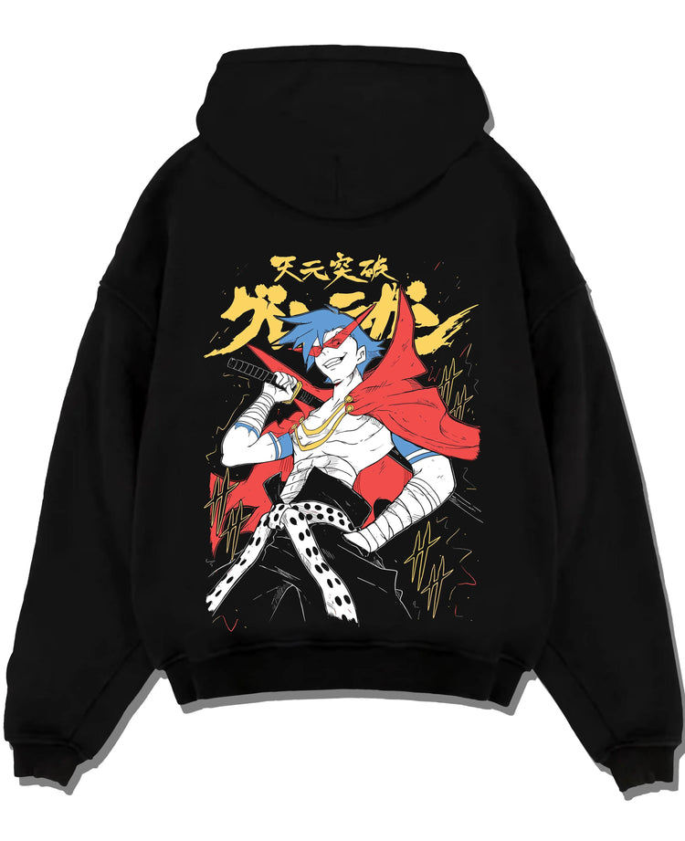 Black pullover hoodie laid flat with Kamina Hoodie Gurren Lagann Spiral Fighting Soul graphic premium wear.