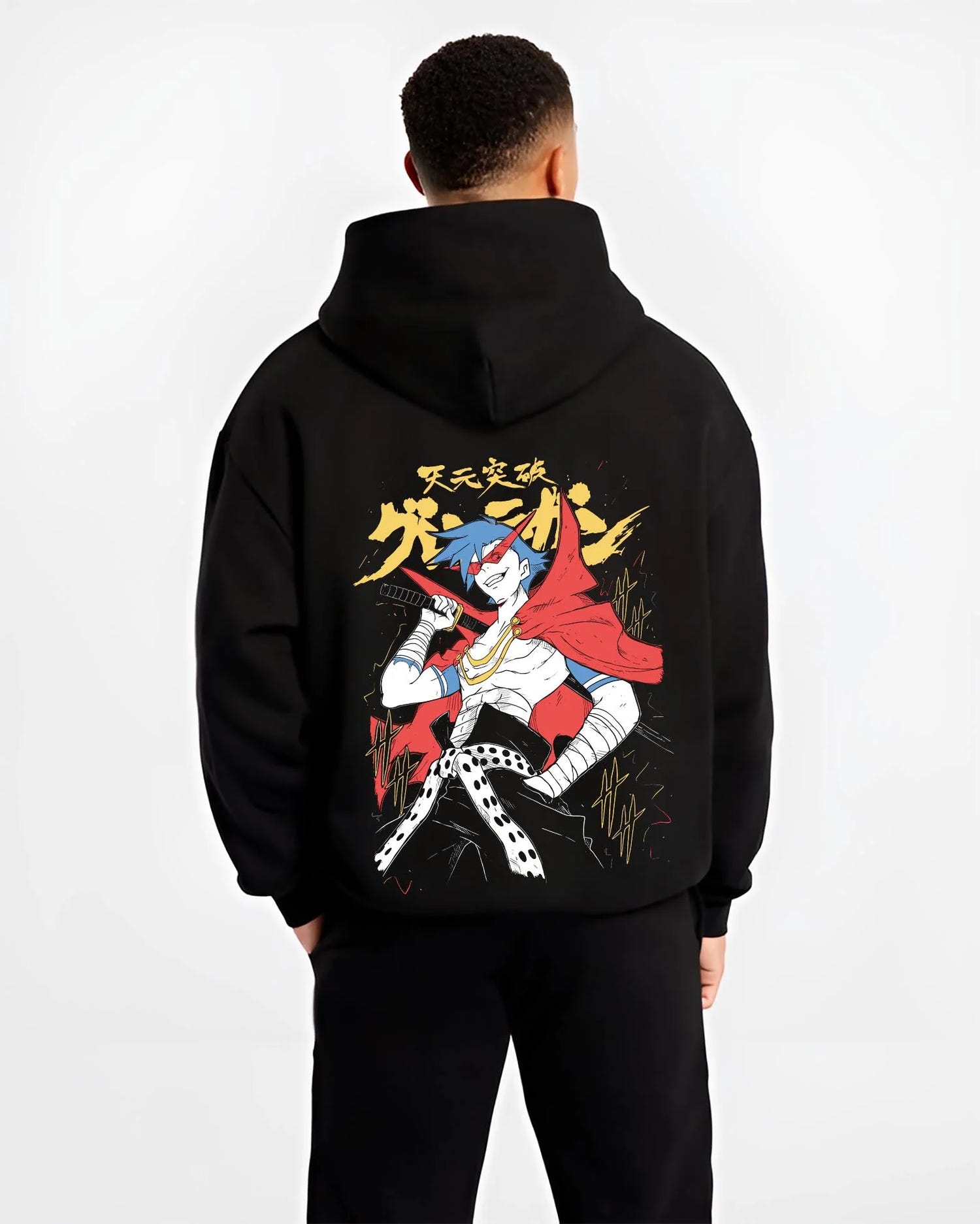 Black hoodie worn by male model, back view with Kamina Hoodie Gurren Lagann Spiral Fighting Soul graphic premium wear.