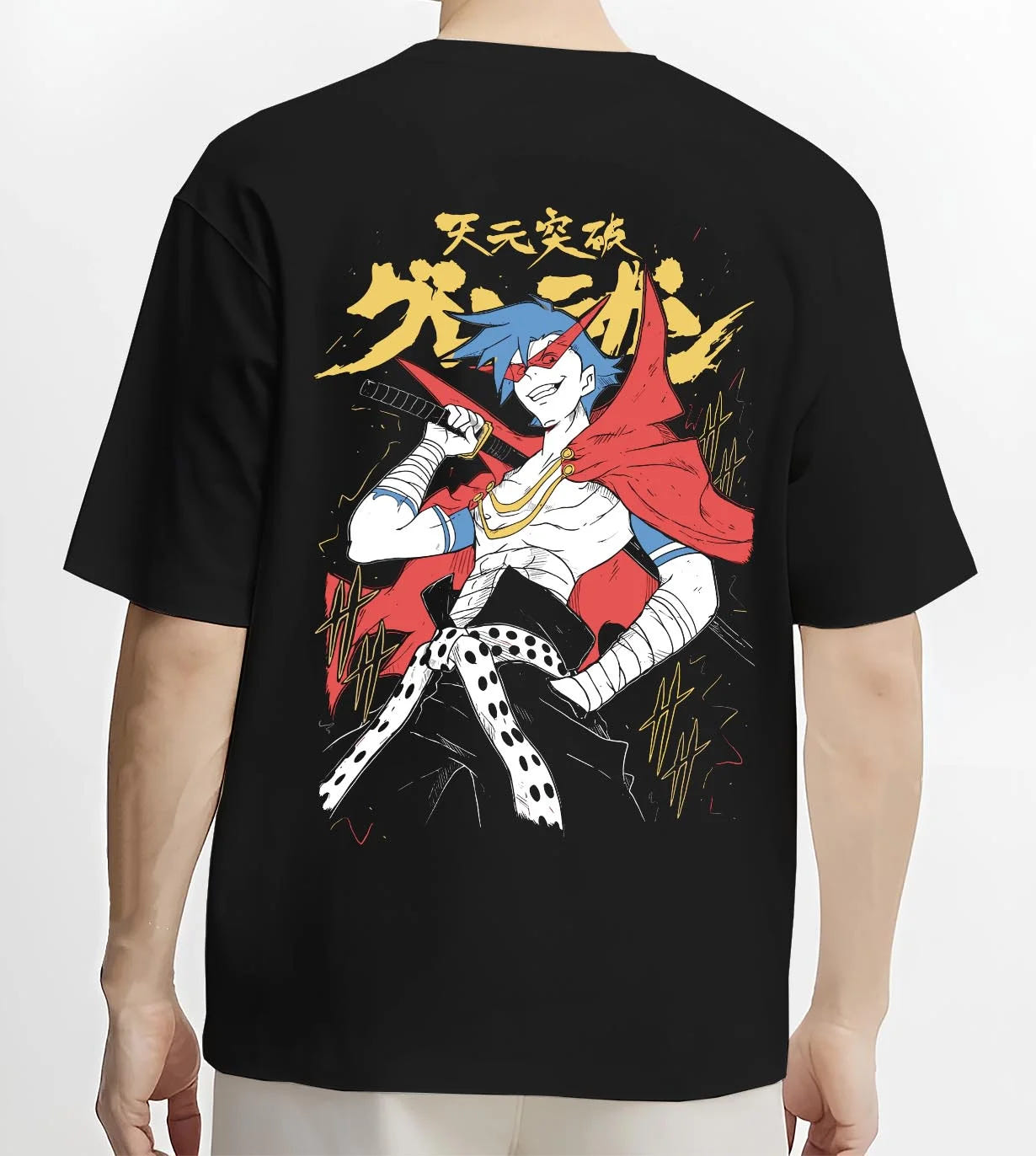 Black T-shirt worn by male model, back view with Kamina Hoodie Gurren Lagann Spiral Fighting Soul graphic Kamina anime design.