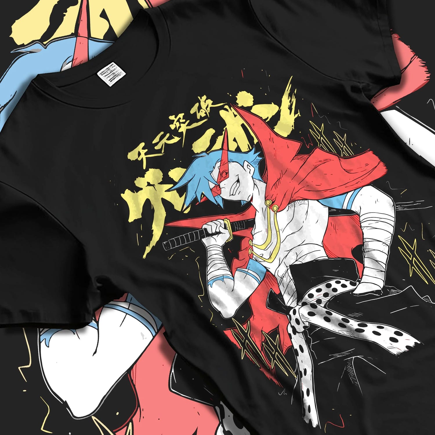 Black T-shirt laid flat with natural folds with Kamina Hoodie Gurren Lagann Spiral Fighting Soul graphic bold anime graphic.