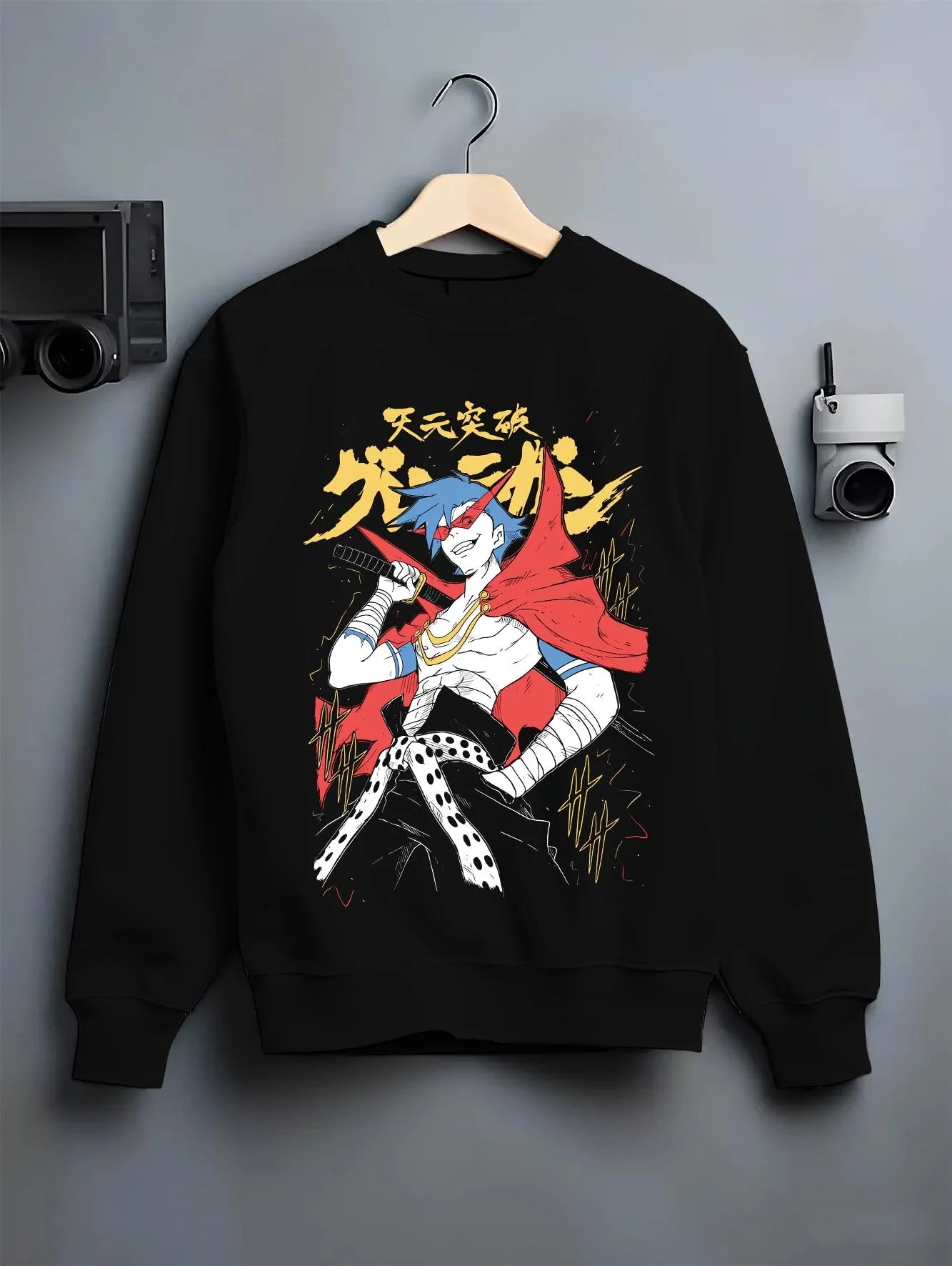 Black crewneck sweatshirt on hanger with Kamina Hoodie Gurren Lagann Spiral Fighting Soul graphic Kamina anime design.