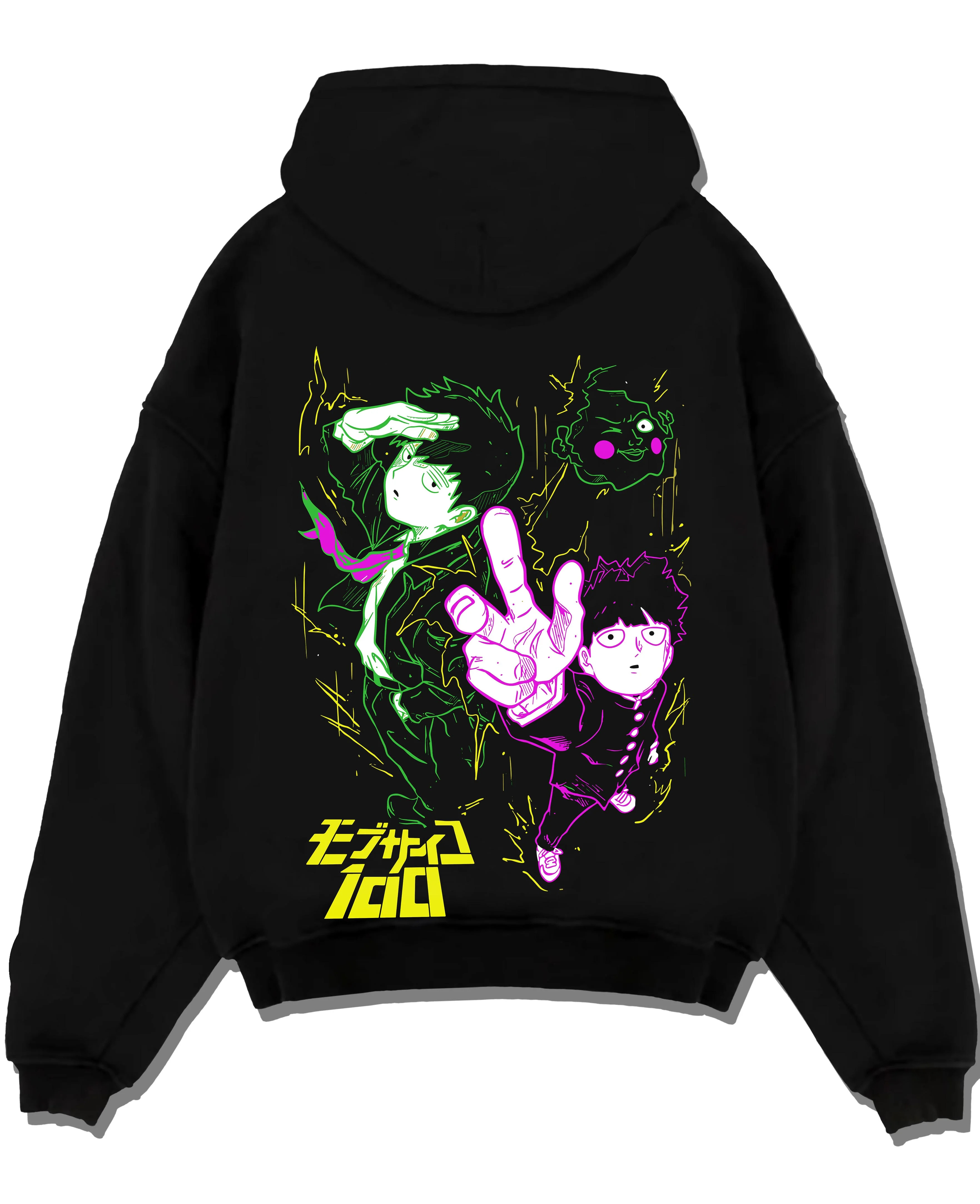 Black pullover hoodie laid flat with Shigeo Kageyama Hoodie Mob Psycho 100 Spirit Aura graphic streetwear graphic.