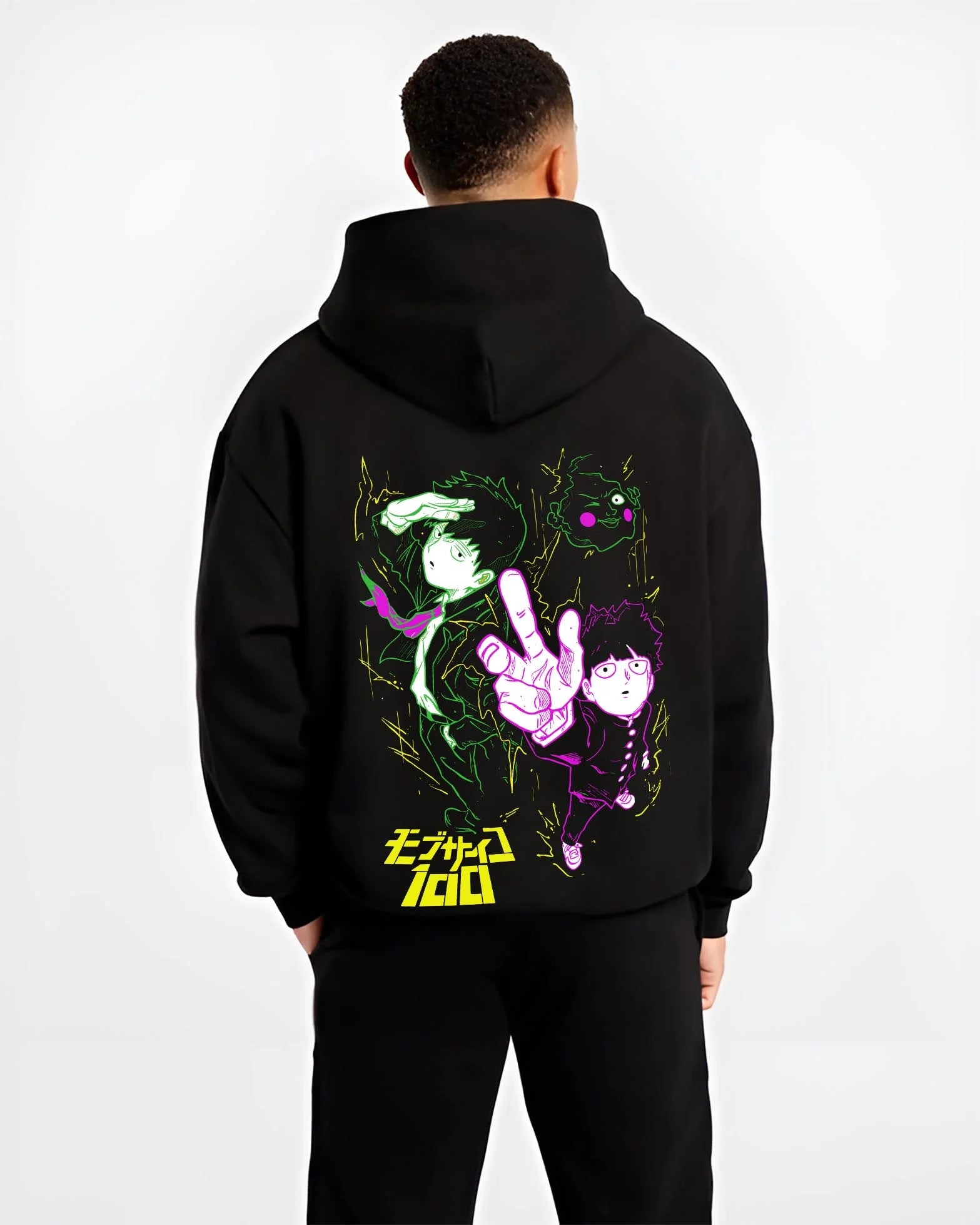 Black hoodie worn by male model, back view with Shigeo Kageyama Hoodie Mob Psycho 100 Spirit Aura graphic bold anime graphic.