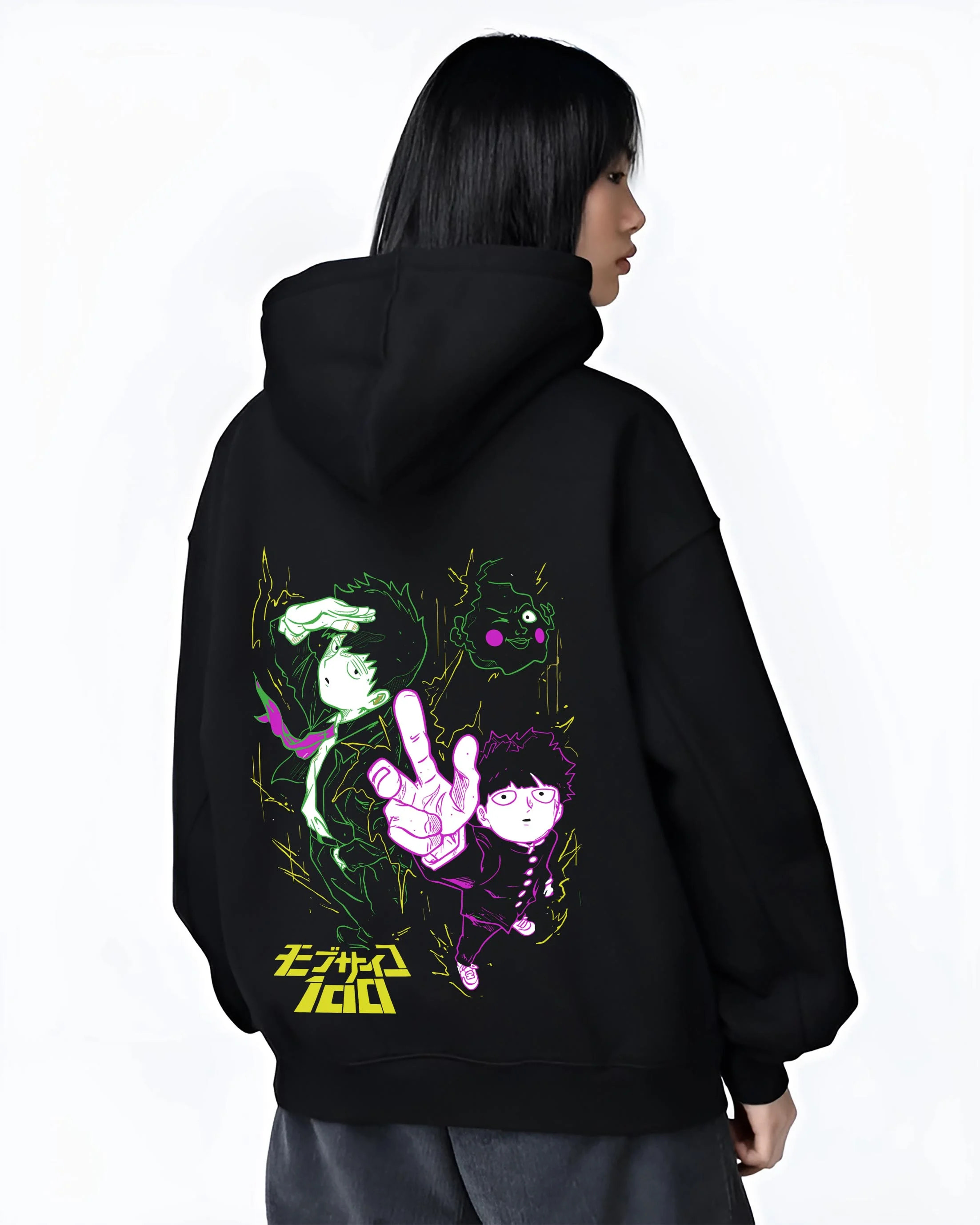 Black hoodie worn by female model, back view with Shigeo Kageyama Hoodie Mob Psycho 100 Spirit Aura graphic premium wear.