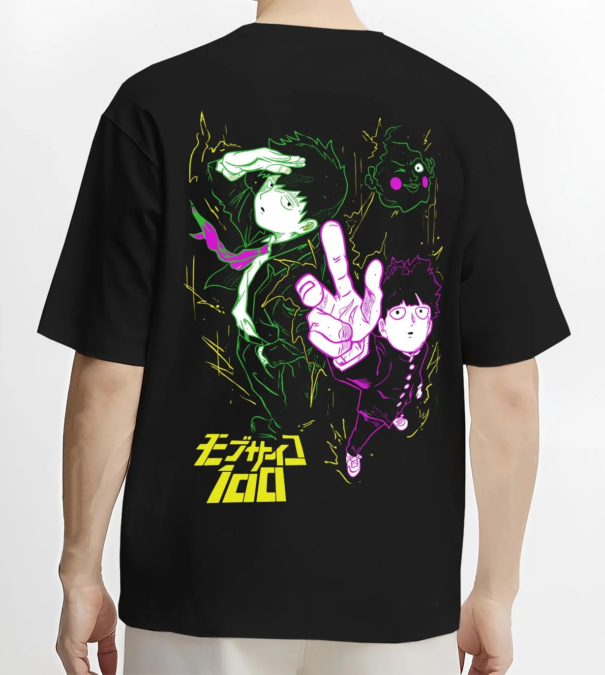 Black T-shirt worn by male model, back view with Shigeo Kageyama Hoodie Mob Psycho 100 Spirit Aura graphic bold anime graphic.