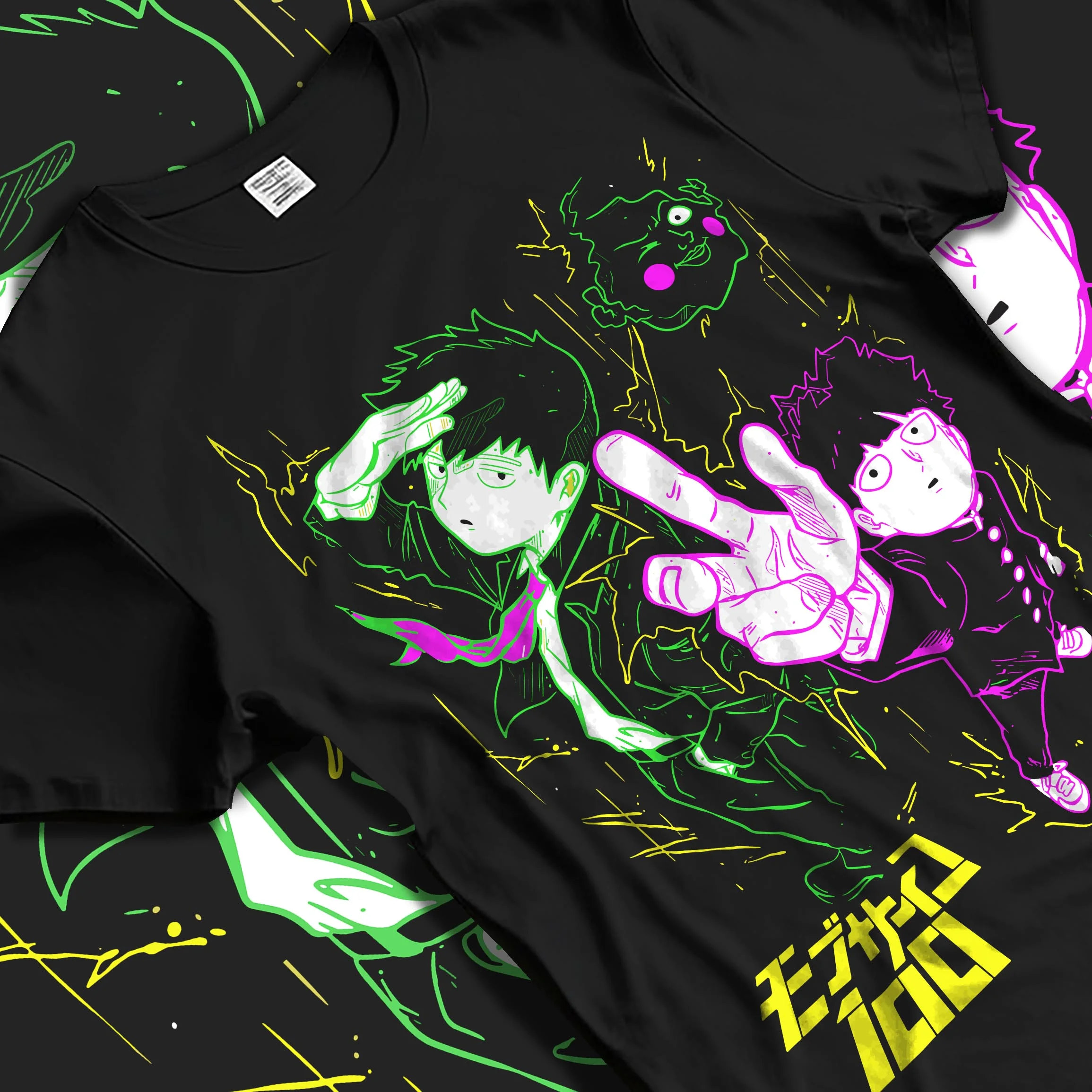 Black T-shirt laid flat with natural folds with Shigeo Kageyama Hoodie Mob Psycho 100 Spirit Aura graphic premium wear.