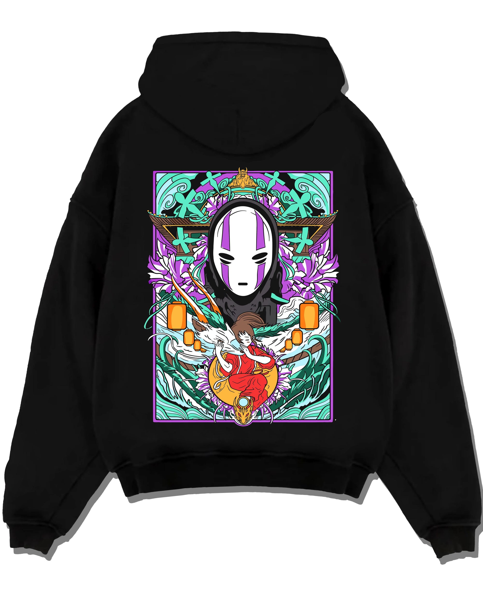 Black pullover hoodie laid flat with Spirited Away Hoodie No Face Bathhouse Anime Miyazaki graphic streetwear graphic.