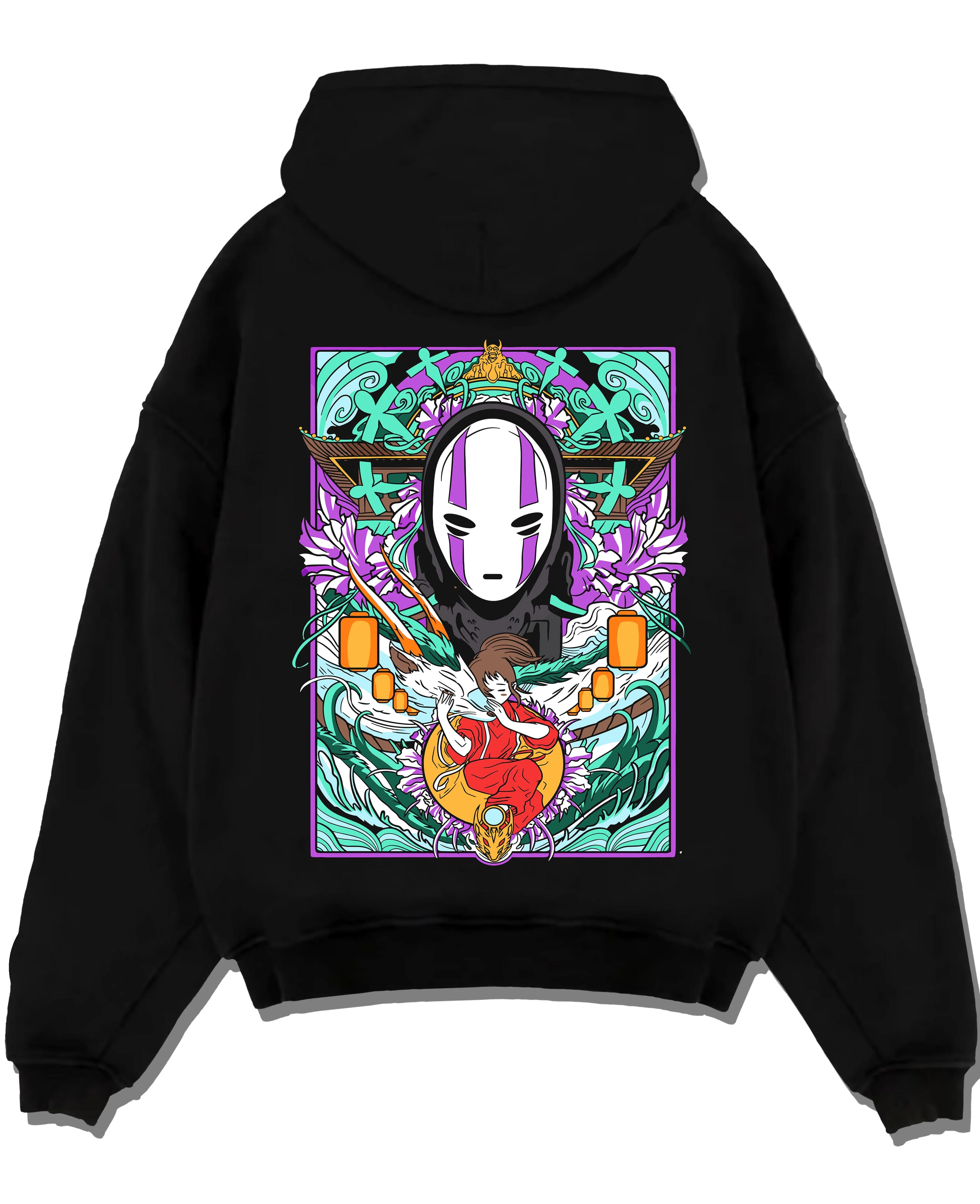 Black pullover hoodie laid flat with Spirited Away Hoodie No Face Bathhouse Anime Miyazaki graphic streetwear graphic.