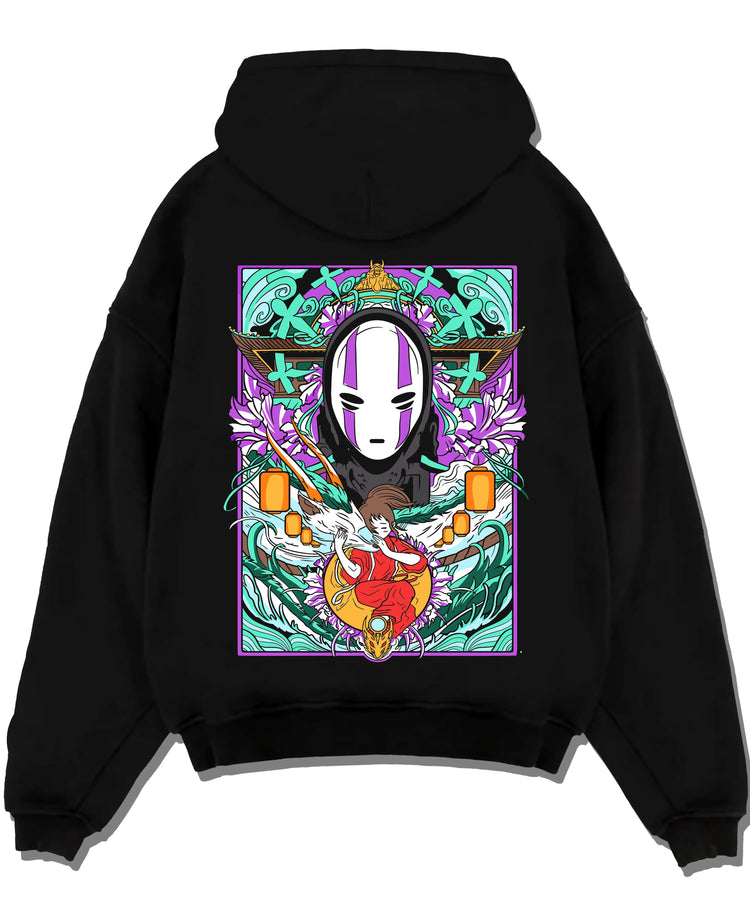 Black pullover hoodie laid flat with Spirited Away Hoodie No Face Bathhouse Anime Miyazaki graphic streetwear graphic.