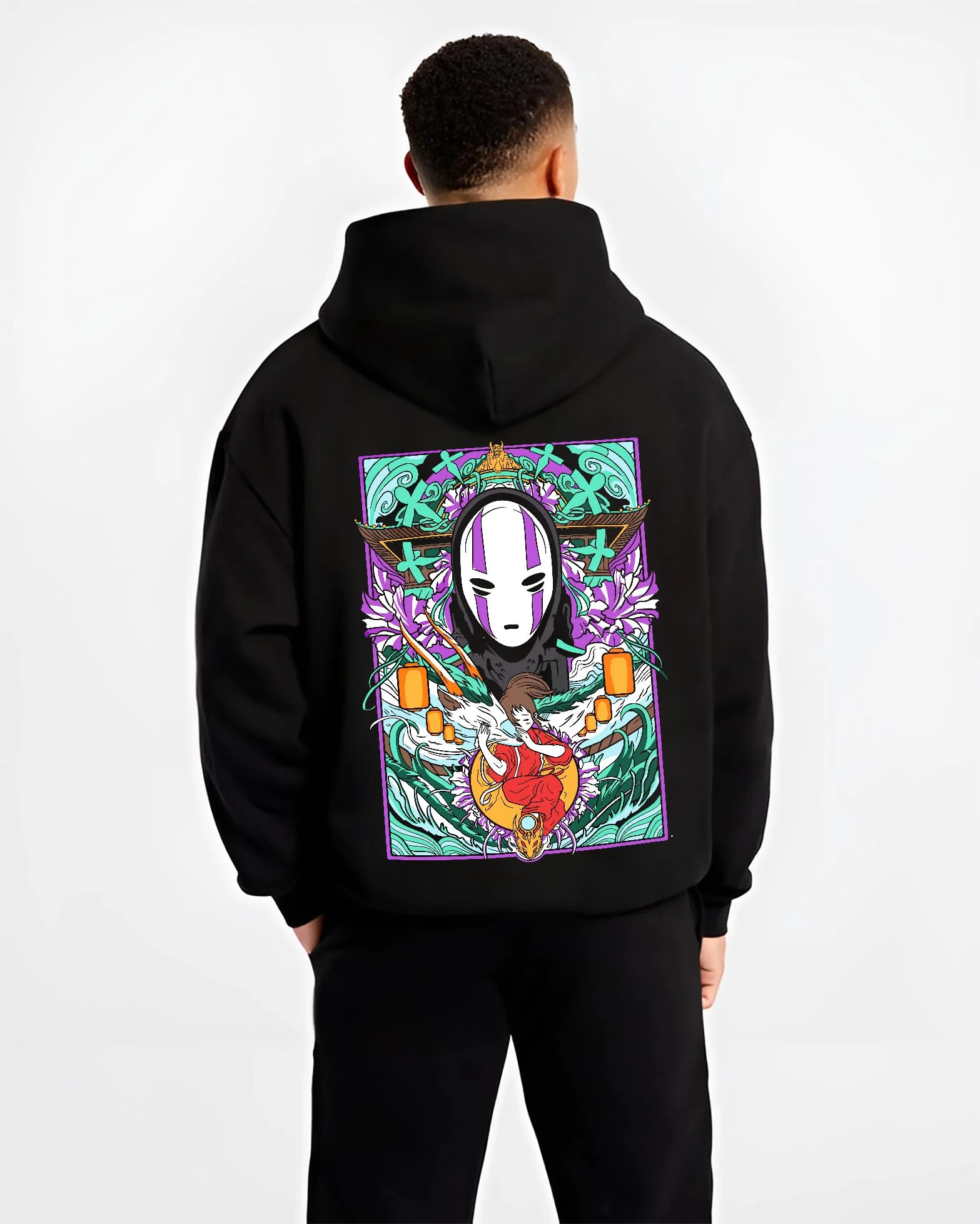 Black hoodie worn by male model, back view with Spirited Away Hoodie No Face Bathhouse Anime Miyazaki graphic streetwear graphic.