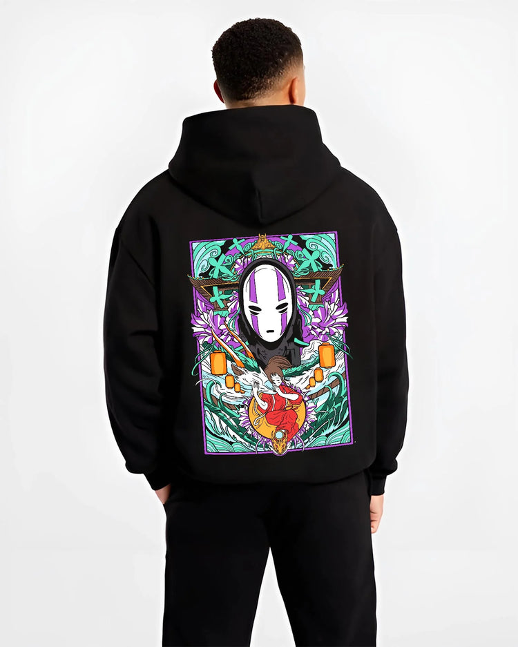 Black hoodie worn by male model, back view with Spirited Away Hoodie No Face Bathhouse Anime Miyazaki graphic streetwear graphic.
