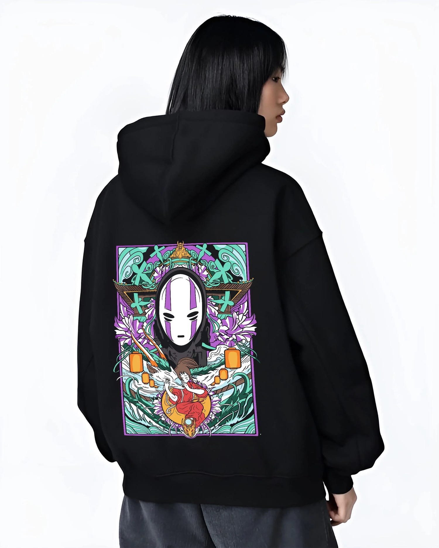 Black hoodie worn by female model, back view with Spirited Away Hoodie No Face Bathhouse Anime Miyazaki graphic premium wear.