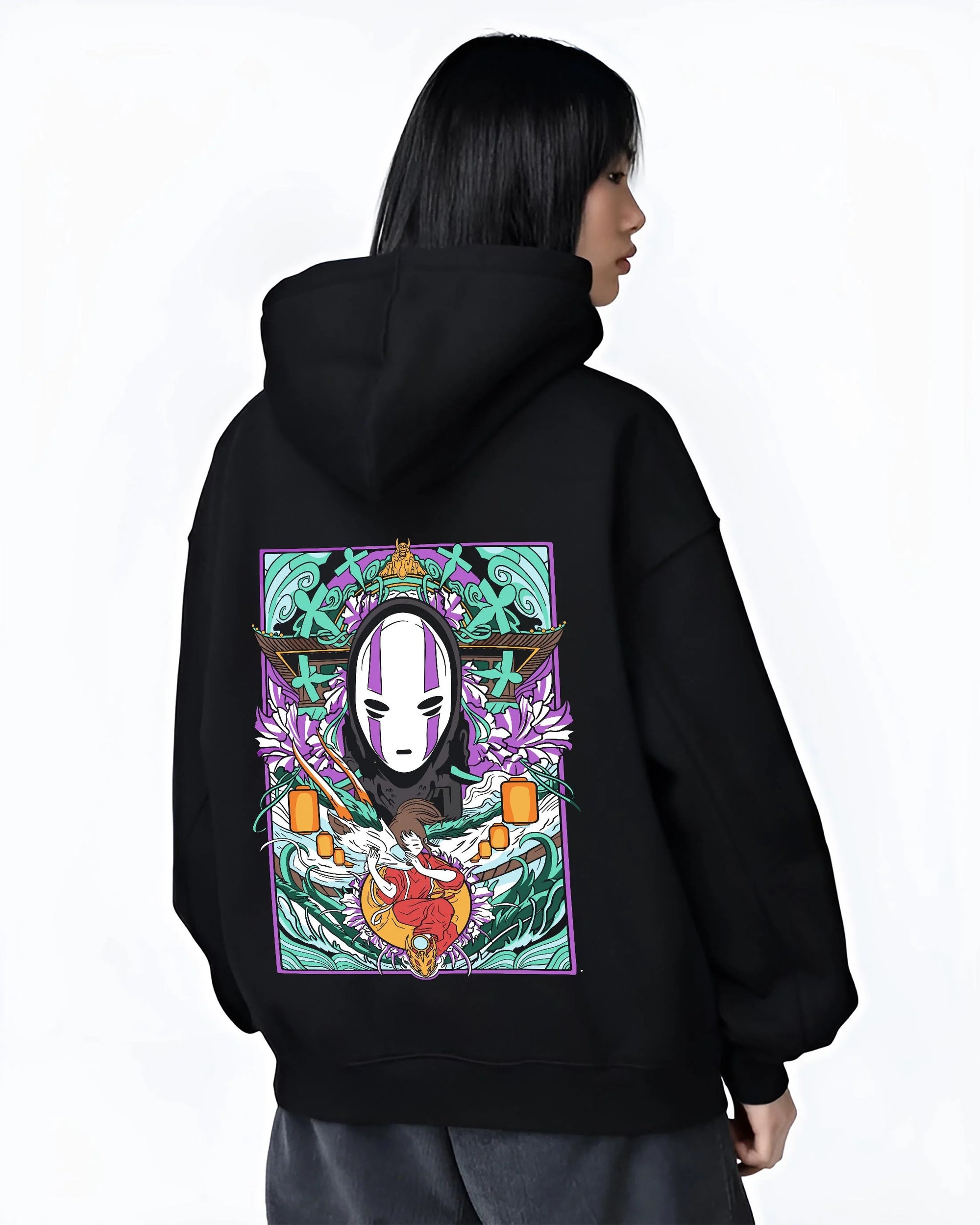 Black hoodie worn by female model, back view with Spirited Away Hoodie No Face Bathhouse Anime Miyazaki graphic premium wear.