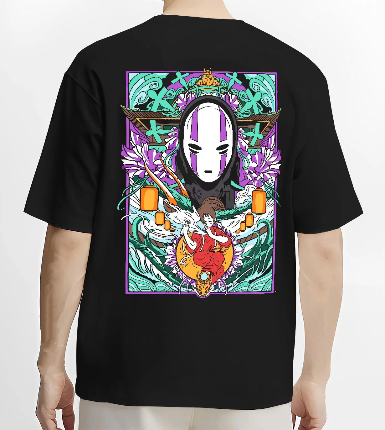 Black T-shirt worn by male model, back view with Spirited Away Hoodie No Face Bathhouse Anime Miyazaki graphic streetwear graphic.
