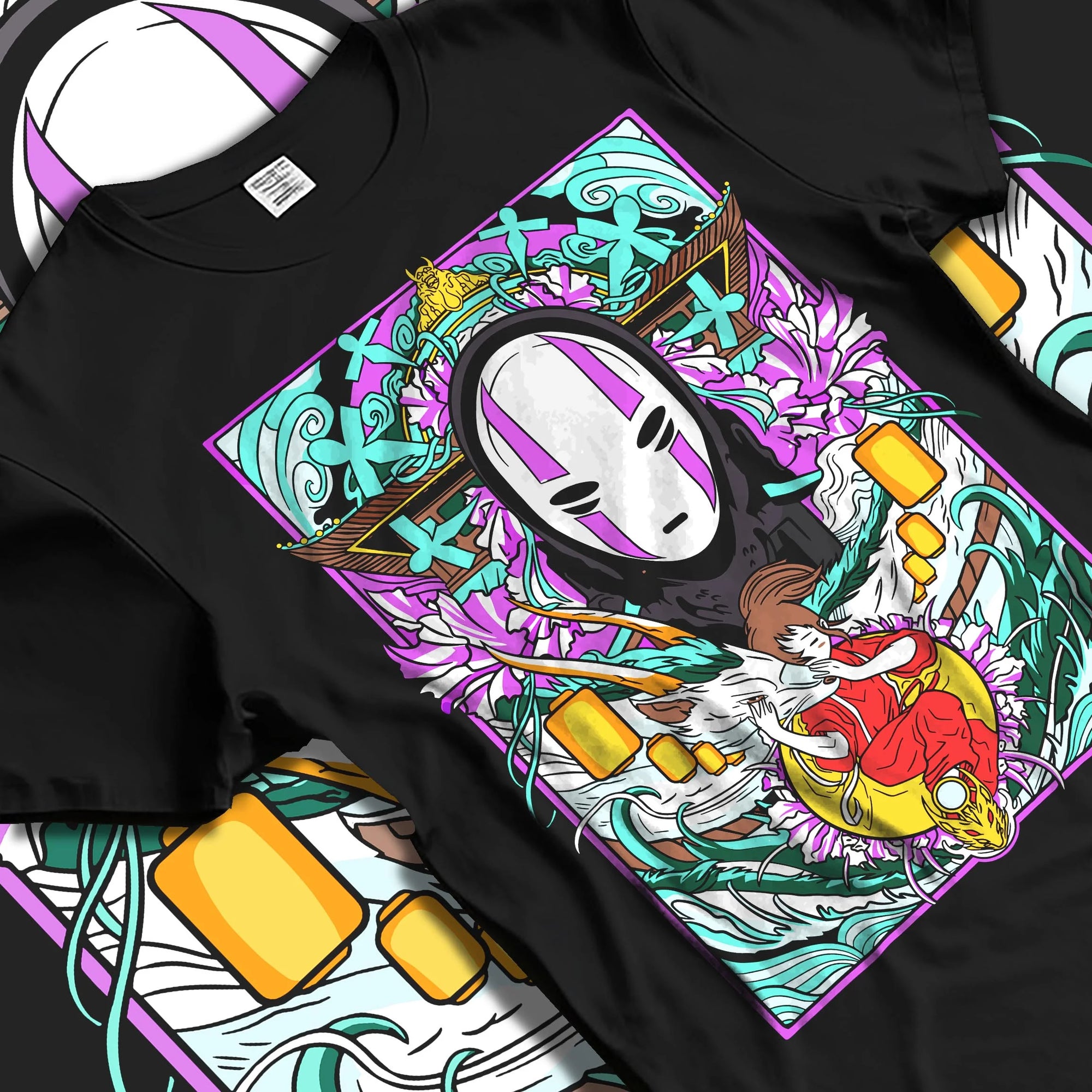 Black T-shirt laid flat with natural folds with Spirited Away Hoodie No Face Bathhouse Anime Miyazaki graphic streetwear graphic.