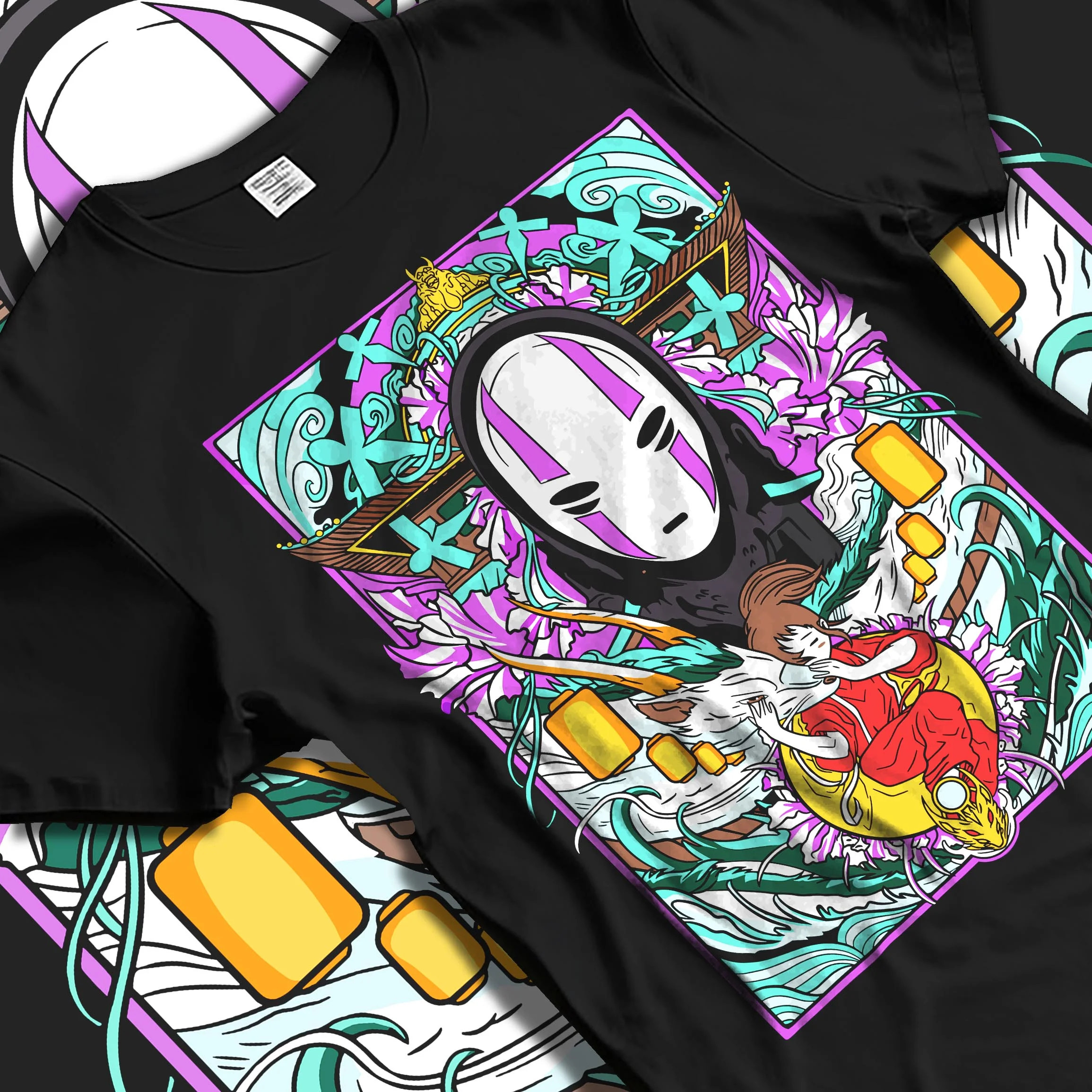 Black T-shirt laid flat with natural folds with Spirited Away Hoodie No Face Bathhouse Anime Miyazaki graphic streetwear graphic.