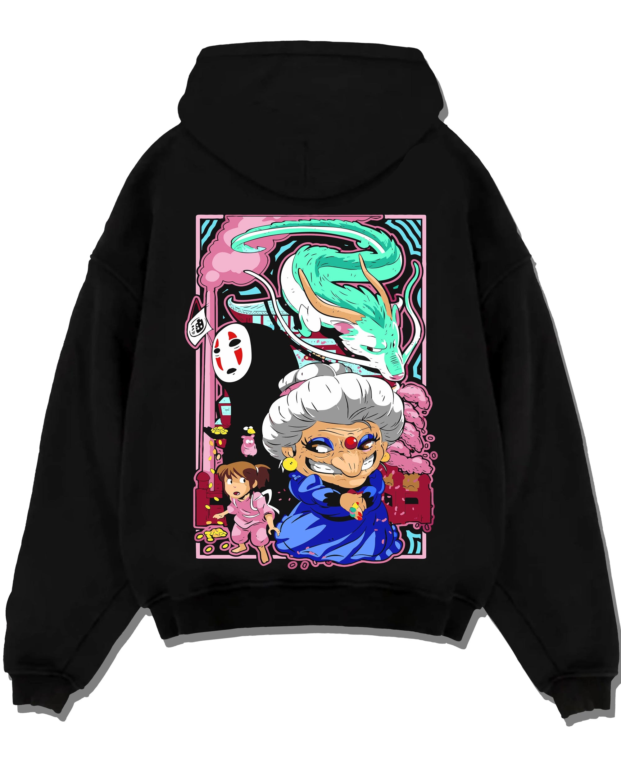 Black pullover hoodie laid flat with Spirited Away Hoodie Yubaba Boh Soot Sprite Anime graphic streetwear graphic.