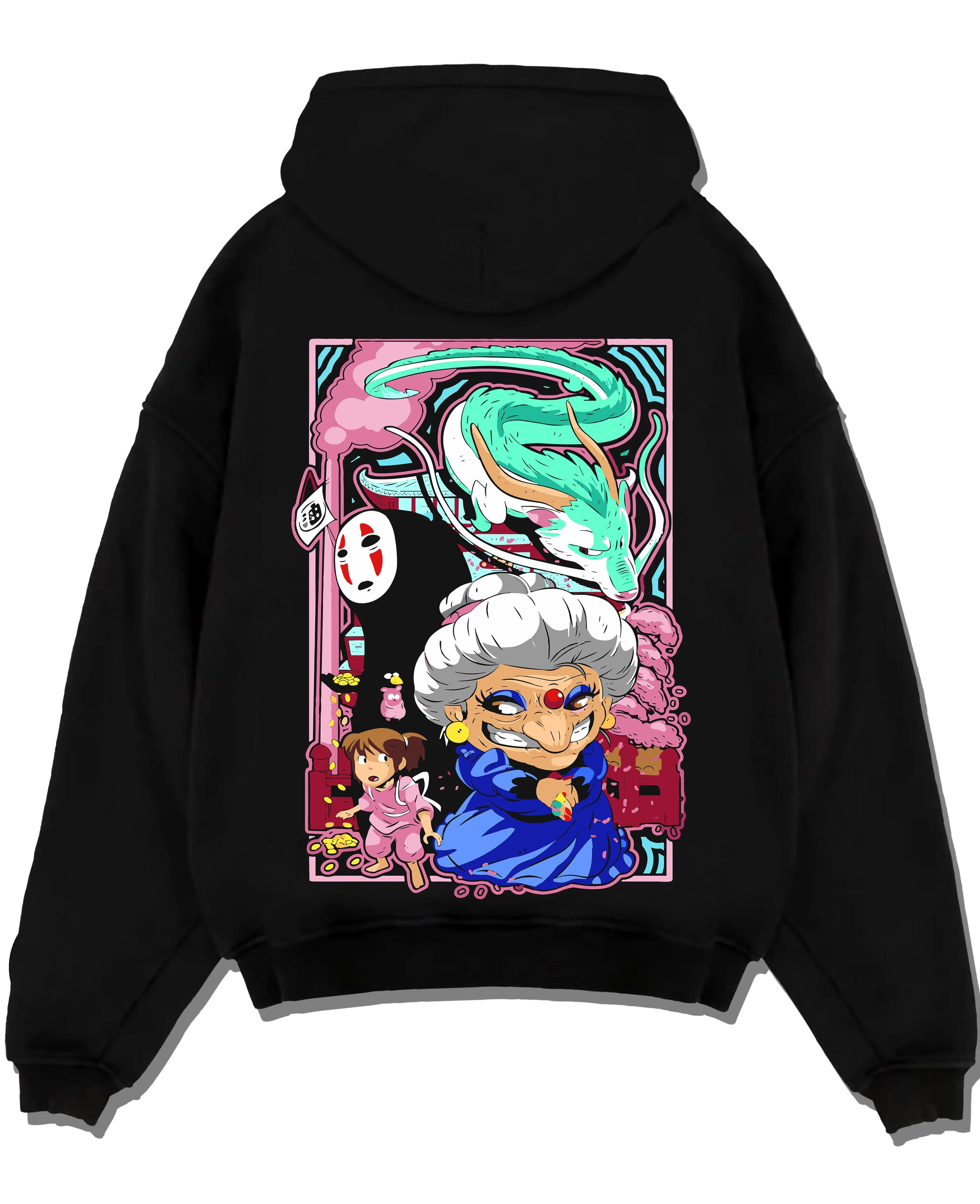 Black pullover hoodie laid flat with Spirited Away Hoodie Yubaba Boh Soot Sprite Anime graphic streetwear graphic.