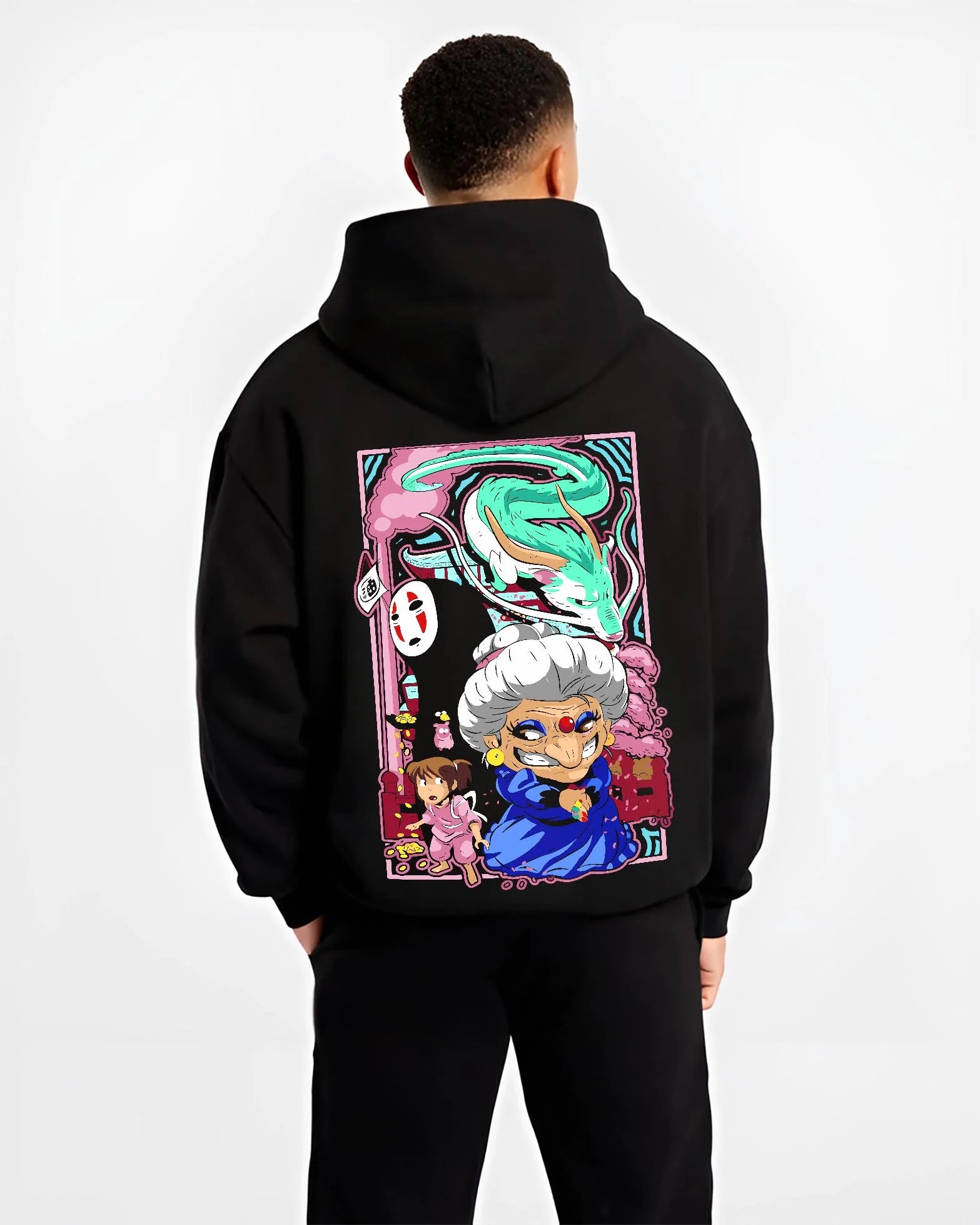 Black hoodie worn by male model, back view with Spirited Away Hoodie Yubaba Boh Soot Sprite Anime graphic bold anime graphic.