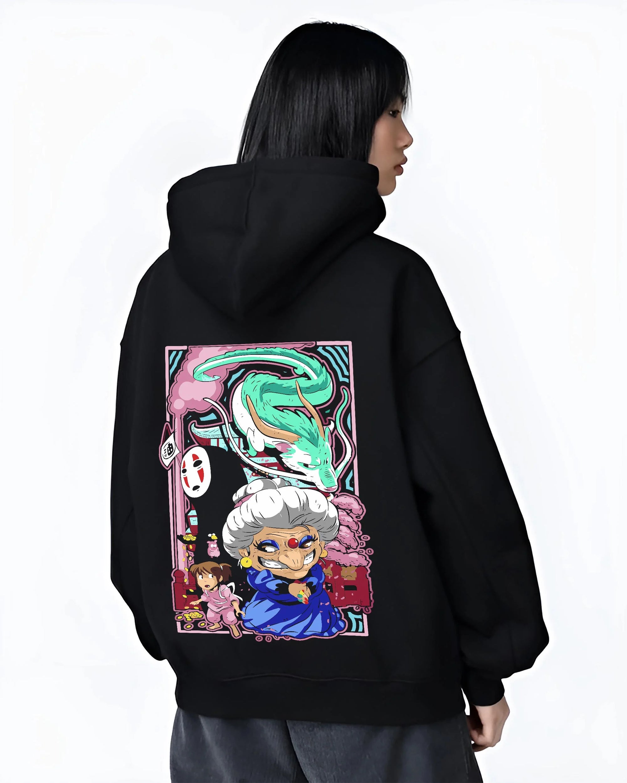 Black hoodie worn by female model, back view with Spirited Away Hoodie Yubaba Boh Soot Sprite Anime graphic premium wear.