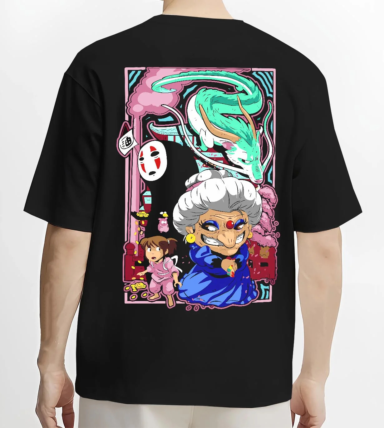 Black T-shirt worn by male model, back view with Spirited Away Hoodie Yubaba Boh Soot Sprite Anime graphic bold anime graphic.