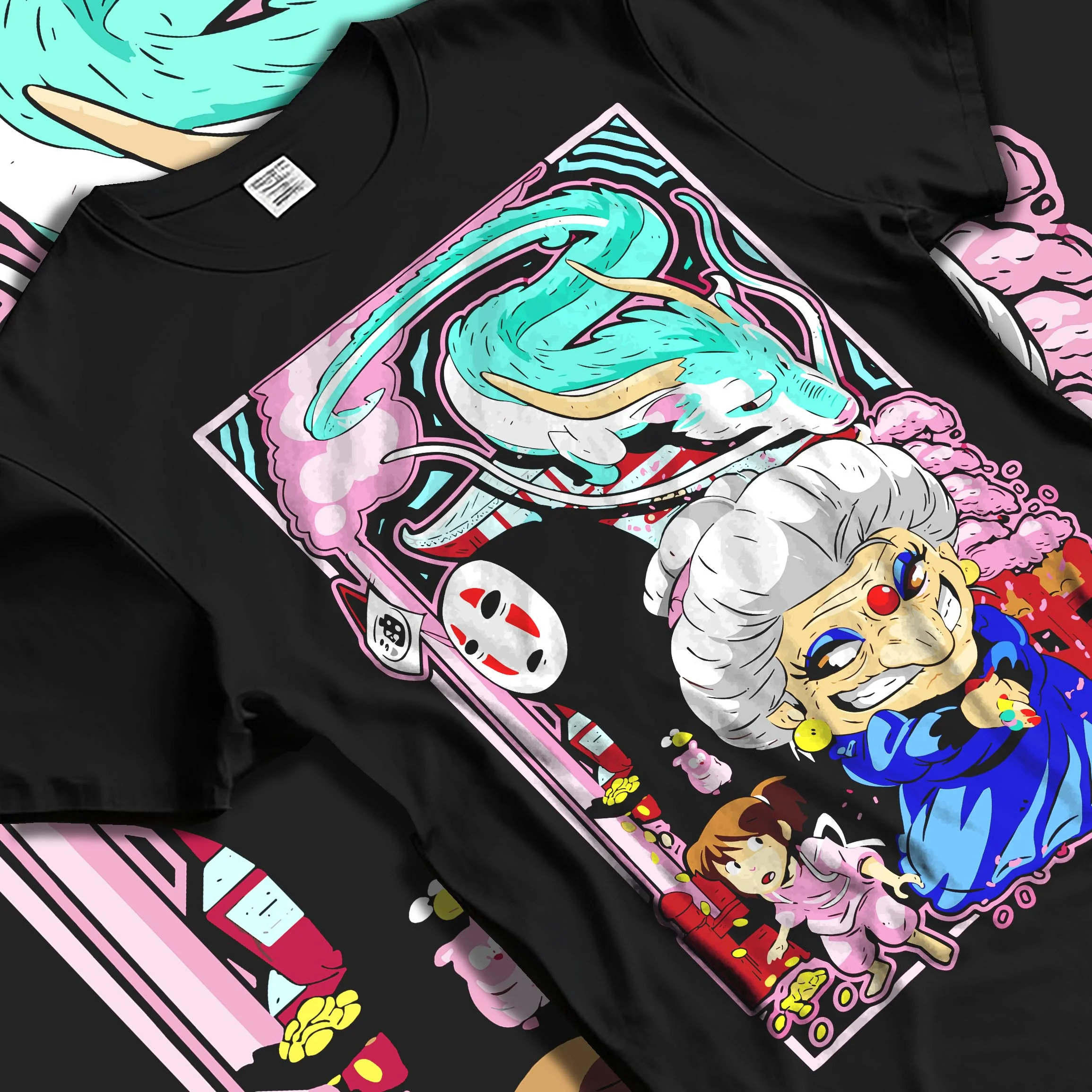 Black T-shirt laid flat with natural folds with Spirited Away Hoodie Yubaba Boh Soot Sprite Anime graphic streetwear graphic.
