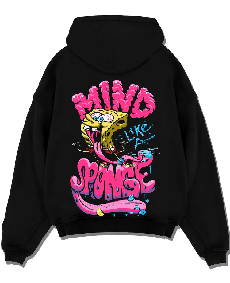 Black pullover hoodie laid flat with SpongeBob Hoodie Mind Sponge Cartoon Retro Parody graphic premium wear.