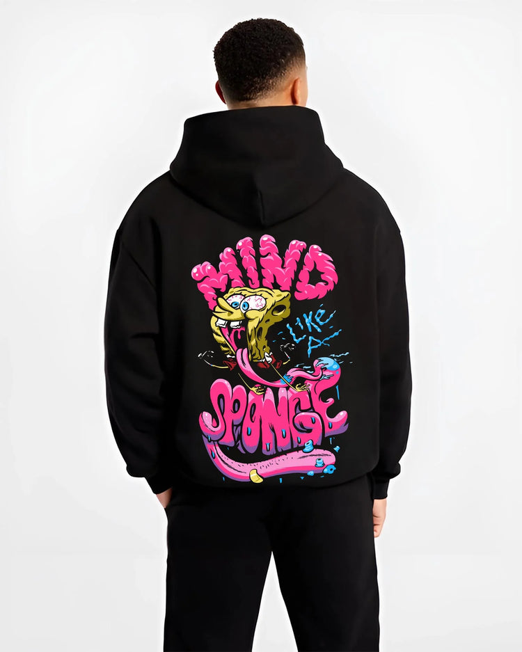 Black hoodie worn by male model, back view with SpongeBob Hoodie Mind Sponge Cartoon Retro Parody graphic premium wear.