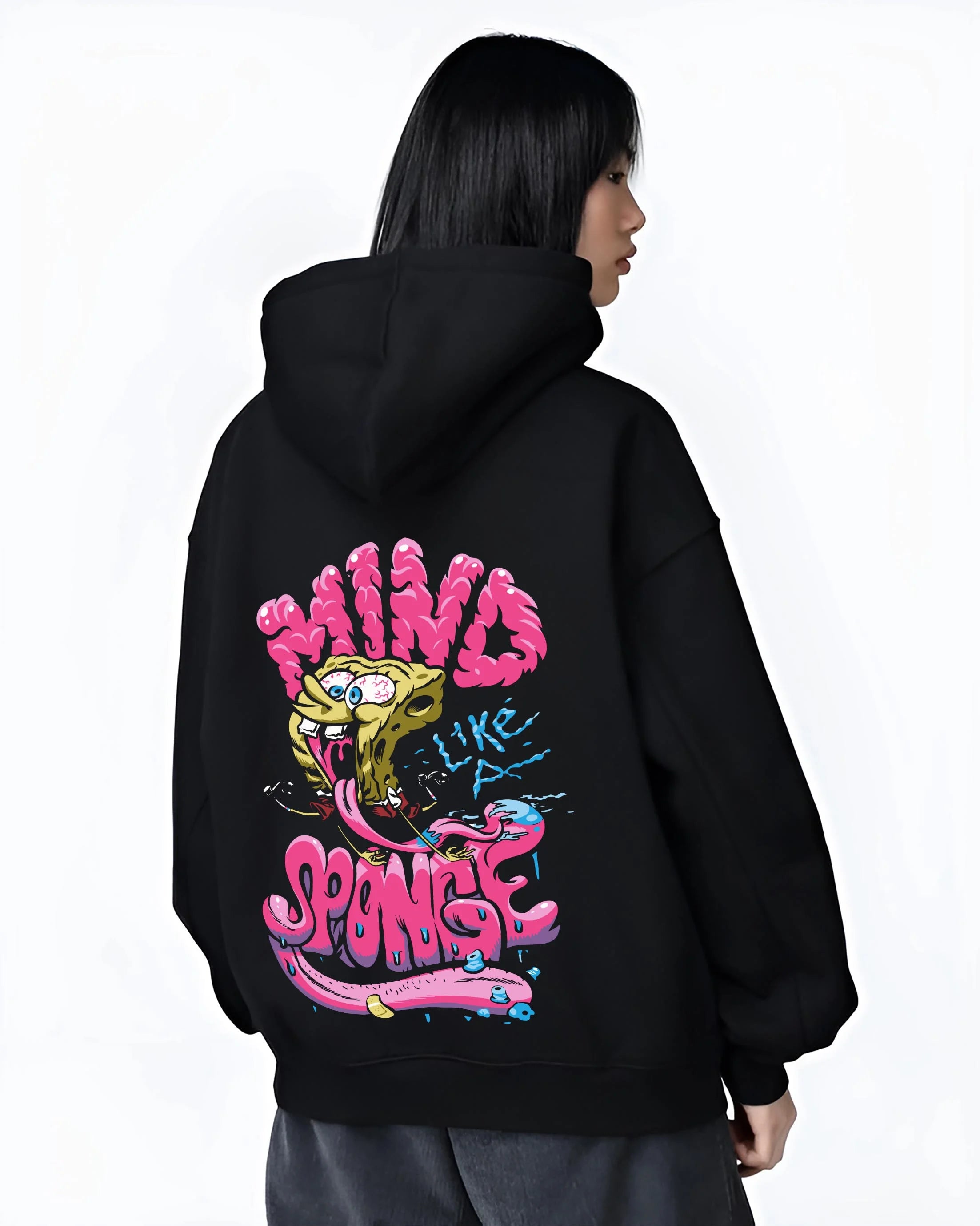 Black hoodie worn by female model, back view with SpongeBob Hoodie Mind Sponge Cartoon Retro Parody graphic bold anime graphic.
