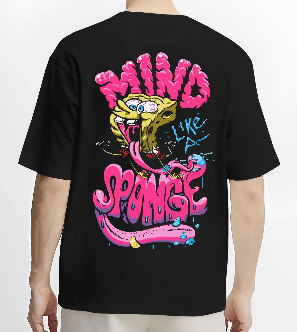 Black T-shirt worn by male model, back view with SpongeBob Hoodie Mind Sponge Cartoon Retro Parody graphic premium wear.