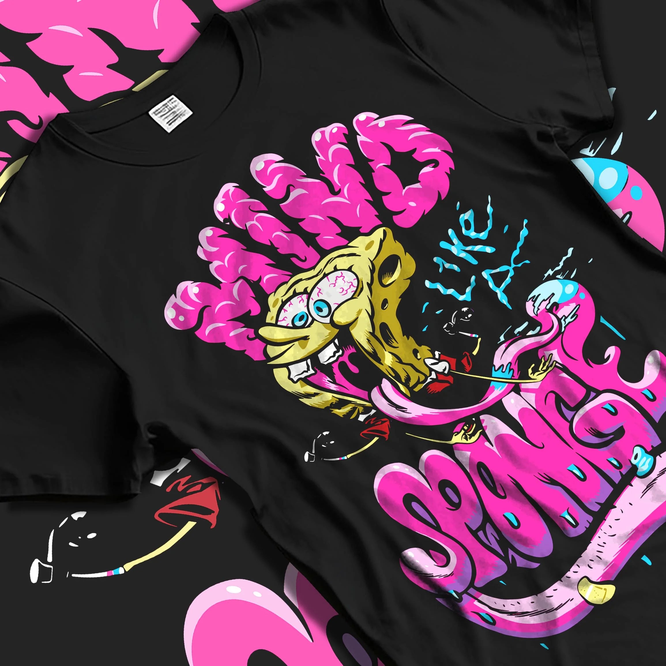 Black T-shirt laid flat with natural folds with SpongeBob Hoodie Mind Sponge Cartoon Retro Parody graphic streetwear graphic.