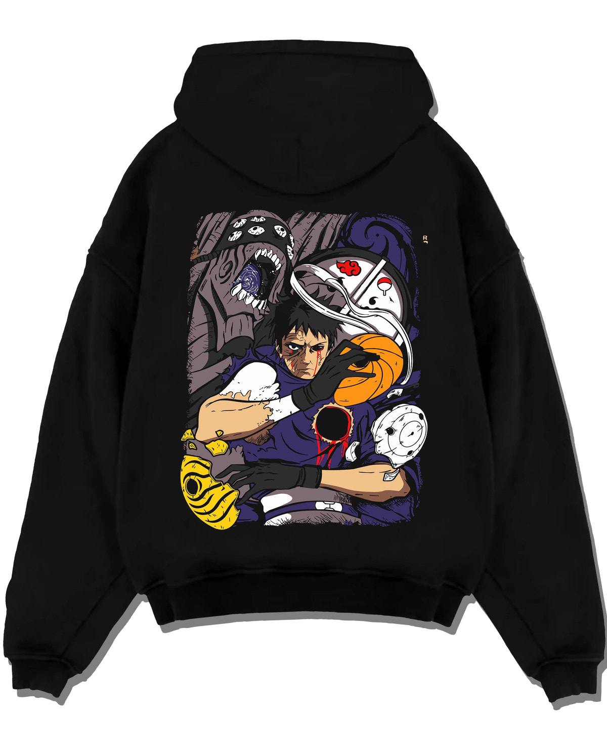 Black hoodie laid flat featuring Obito Uchiha Tobi spiral masks Naruto artwork.