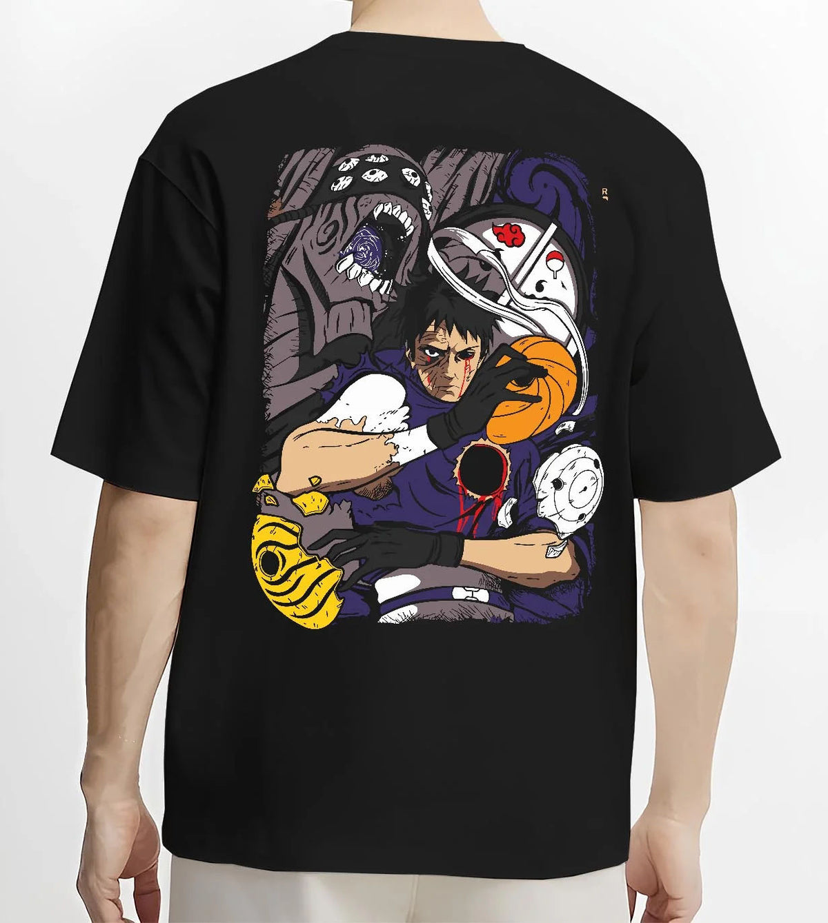 Black T-shirt worn by male model from the back featuring Obito Uchiha Tobi spiral masks Naruto artwork.