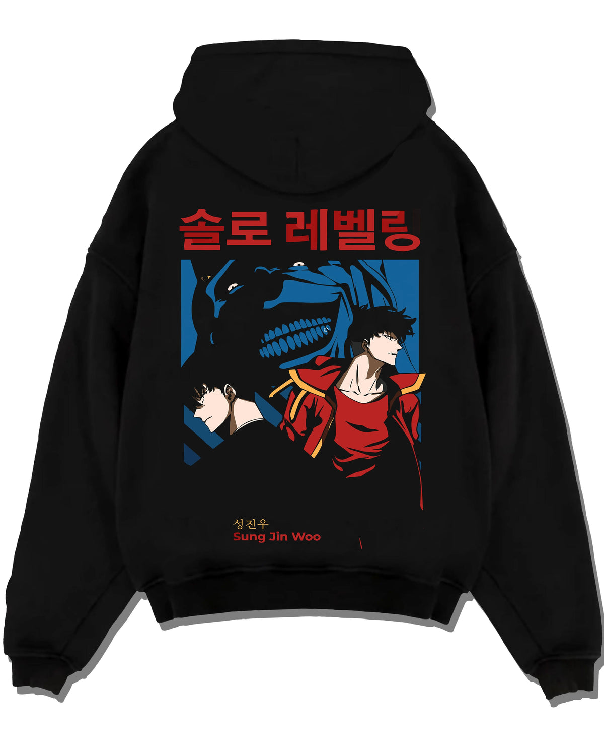 Black hoodie laid flat featuring Sung Jin-Woo shadow beast hunter Solo Leveling artwork.