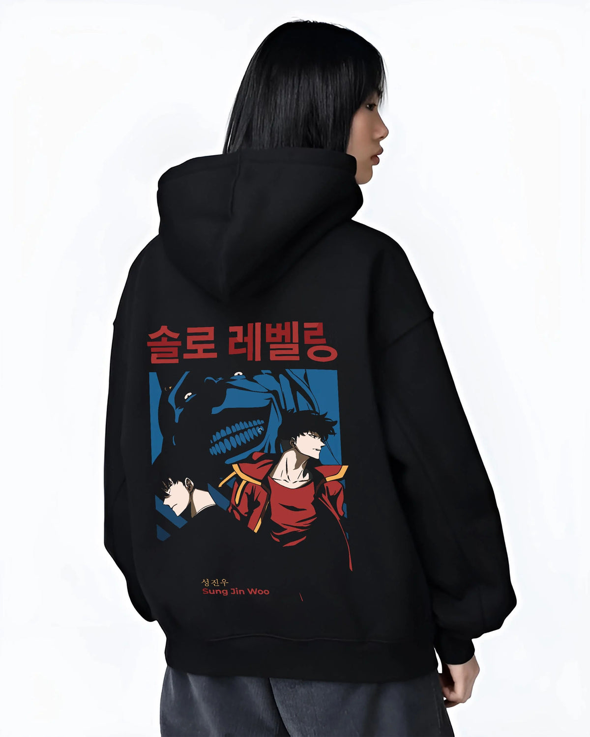 Black hoodie worn by female model from the back featuring Sung Jin-Woo shadow beast hunter Solo Leveling artwork.