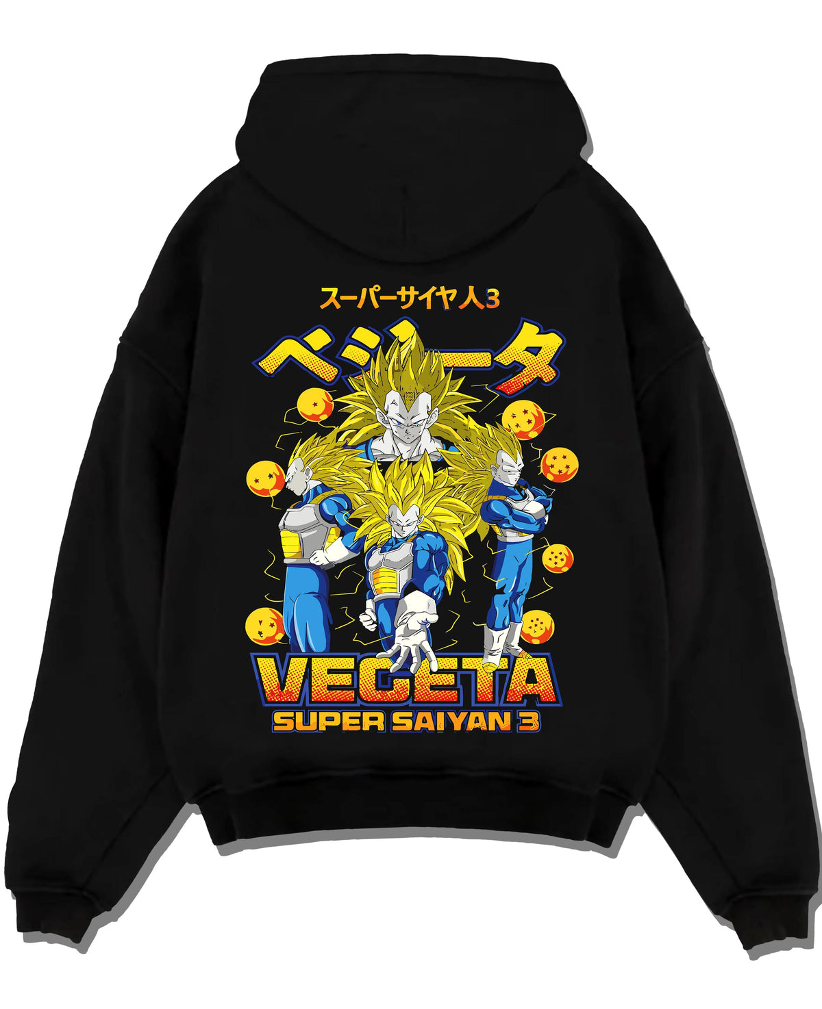 Black hoodie laid flat featuring Vegeta Super Saiyan 3 golden power Dragon Ball artwork.