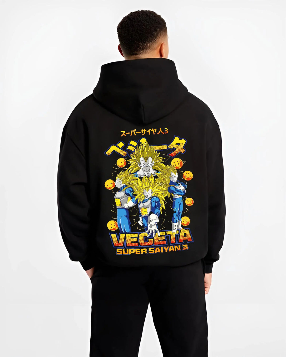 Black hoodie worn by male model from the back featuring Vegeta Super Saiyan 3 golden power Dragon Ball artwork.