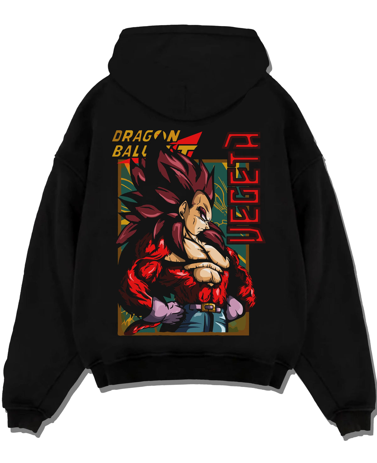 Black hoodie laid flat featuring Vegeta Super Saiyan 4 ape power Dragon Ball GT artwork.