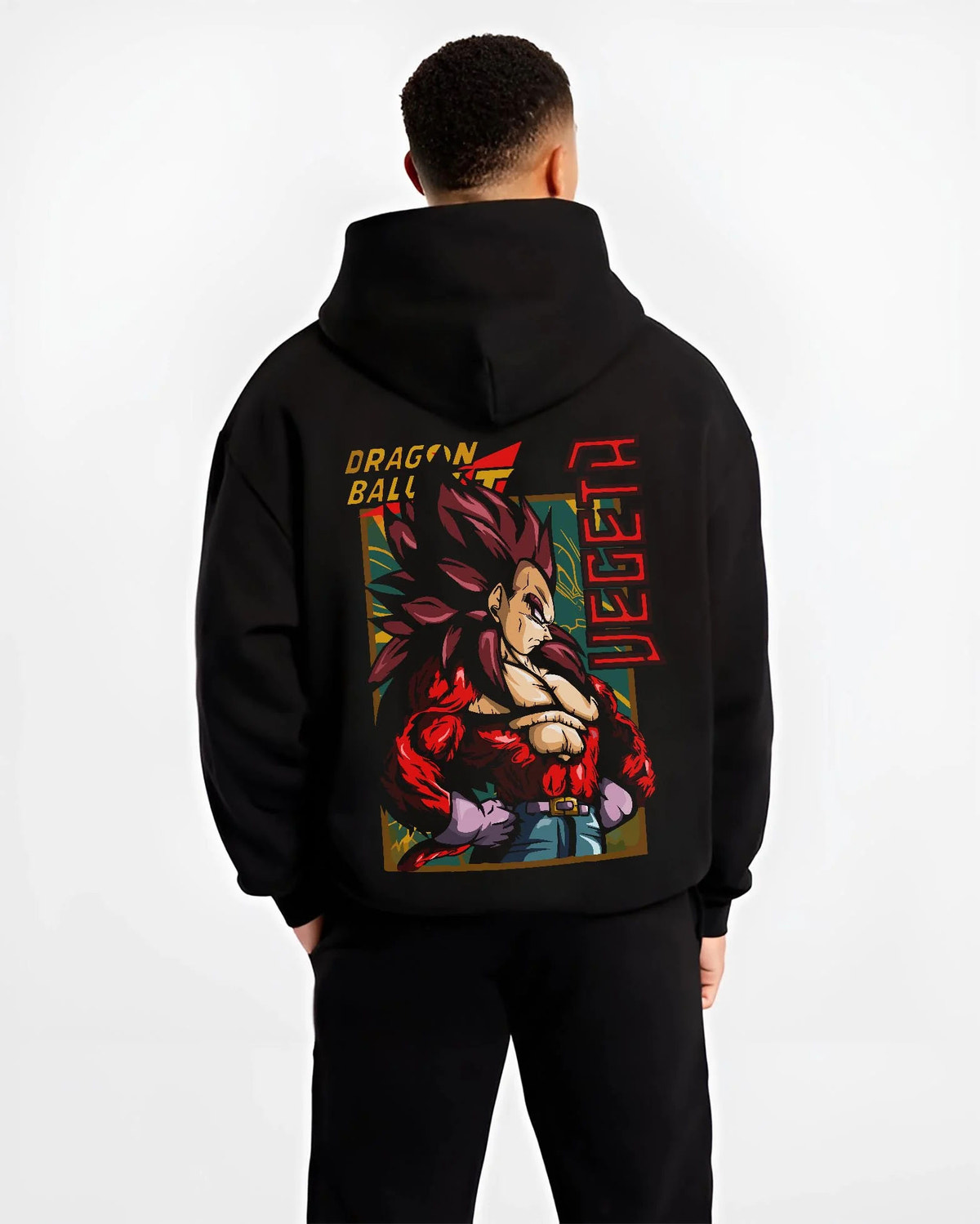 Black hoodie worn by male model from the back featuring Vegeta Super Saiyan 4 ape power Dragon Ball GT artwork.