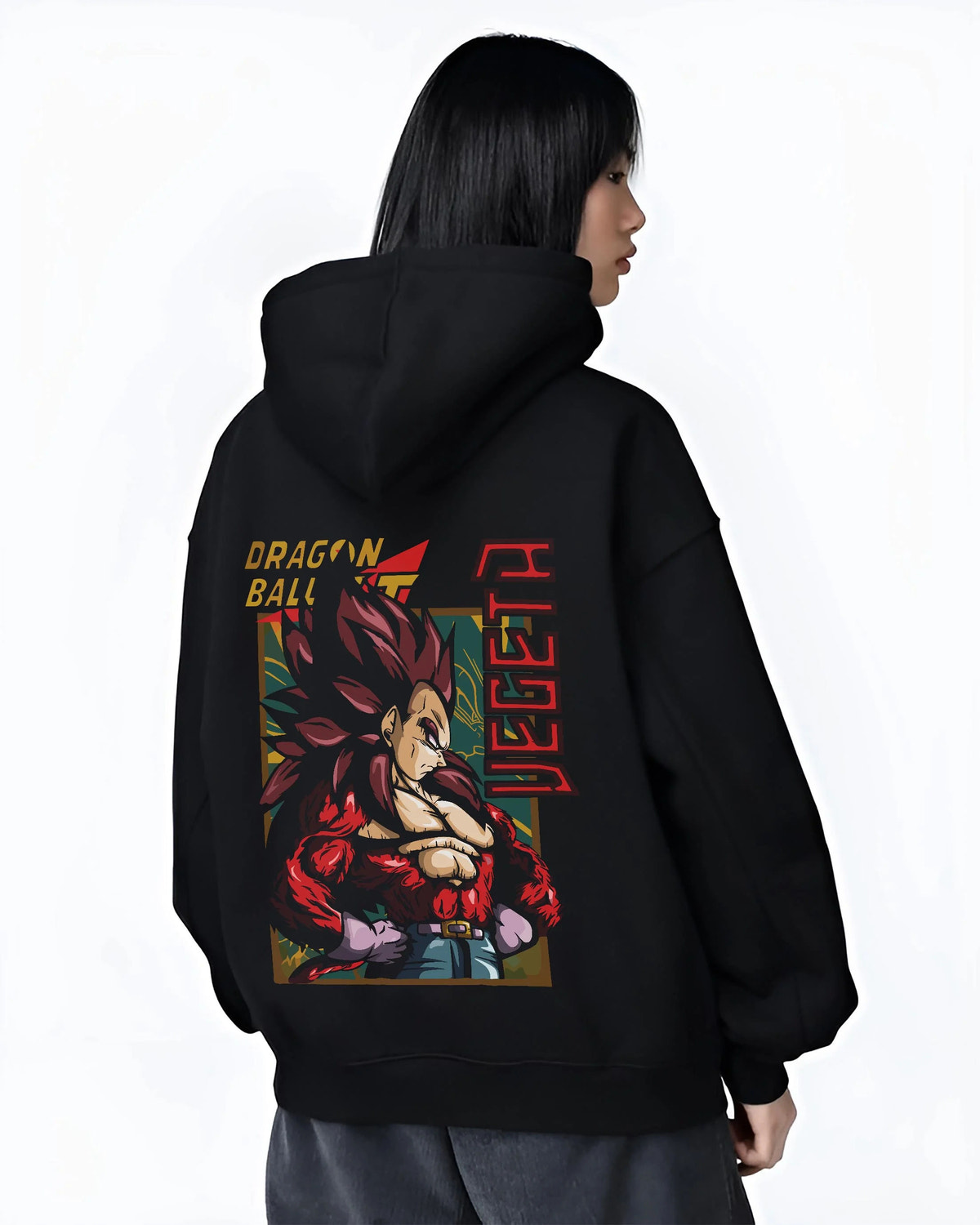 Black hoodie worn by female model from the back featuring Vegeta Super Saiyan 4 ape power Dragon Ball GT artwork.