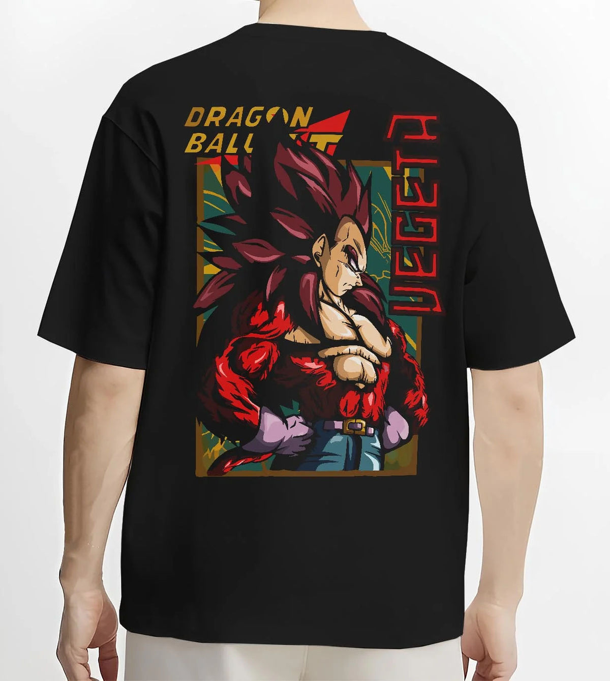 Black T-shirt worn by male model from the back featuring Vegeta Super Saiyan 4 ape power Dragon Ball GT artwork.