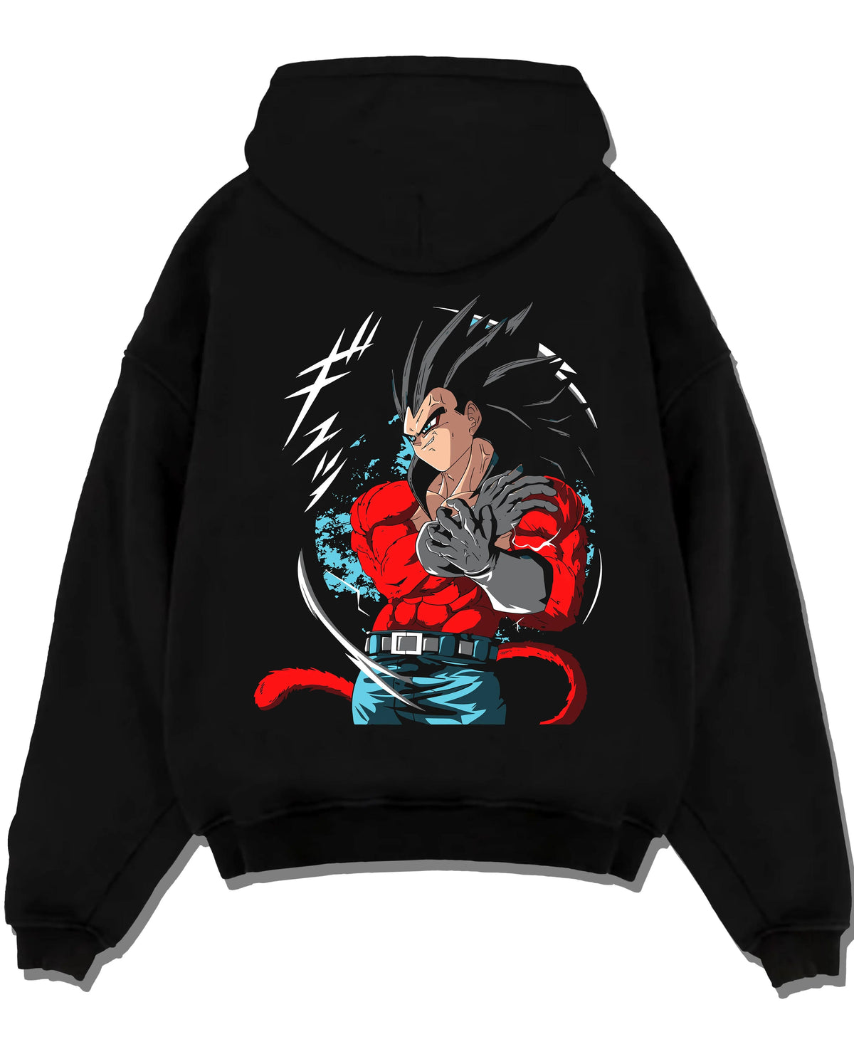 Black hoodie laid flat featuring Vegeta Super Saiyan 4 red battle Dragon Ball GT artwork.