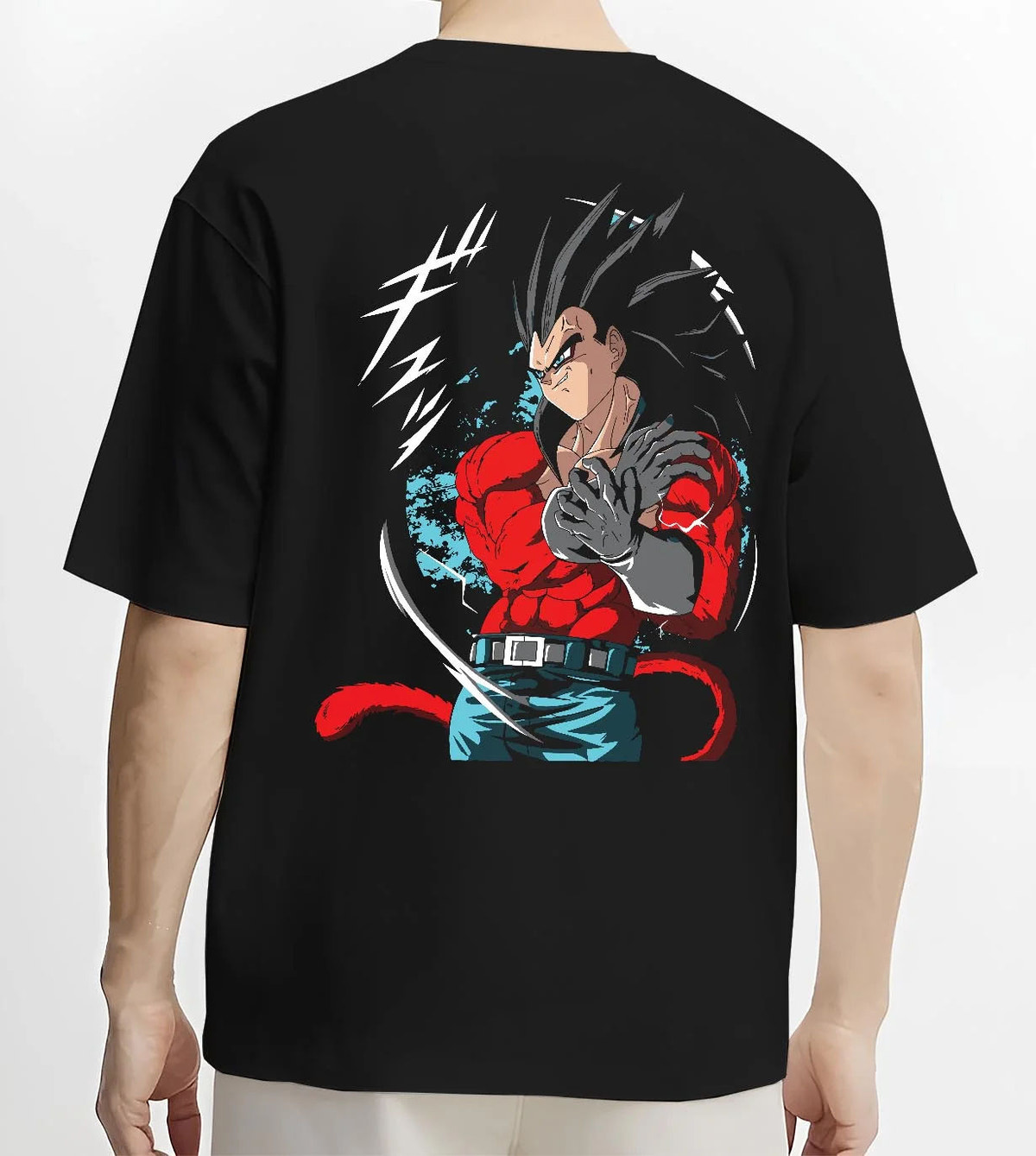 Black T-shirt worn by male model from the back featuring Vegeta Super Saiyan 4 red battle Dragon Ball GT artwork.