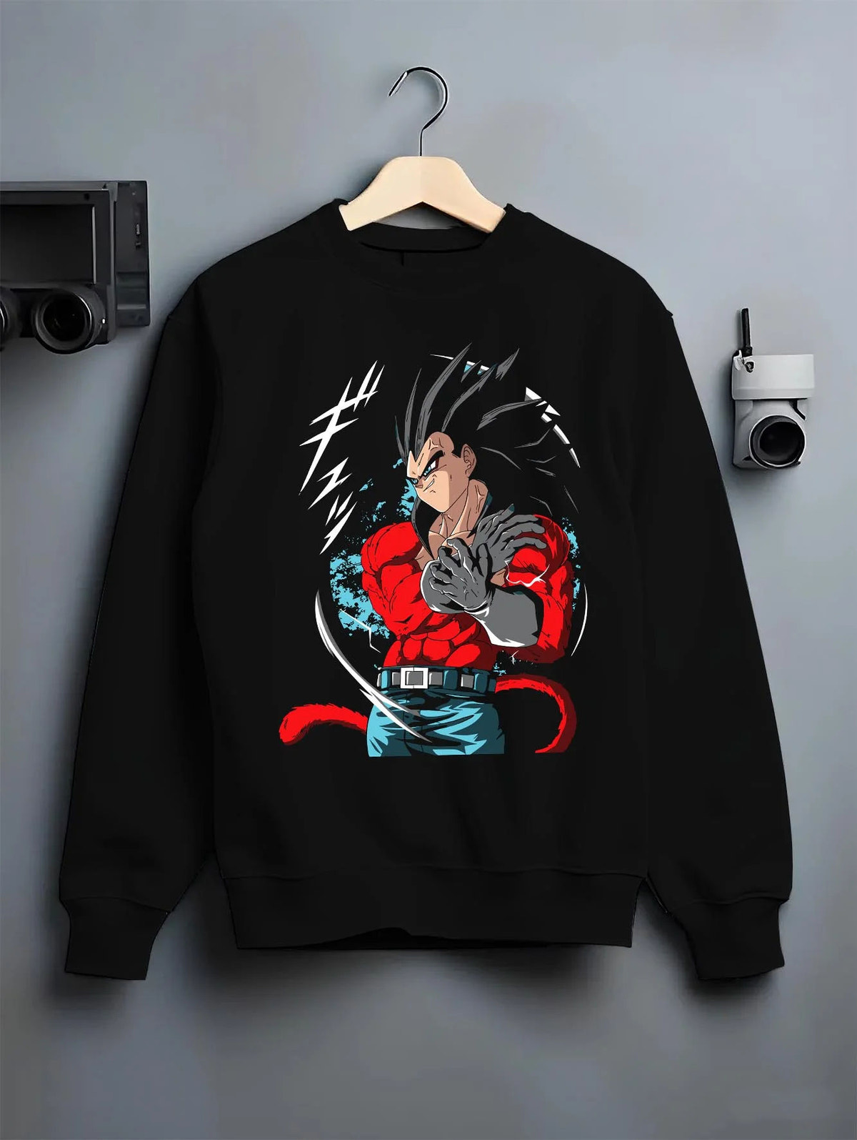 Black crewneck sweatshirt on hanger featuring Vegeta Super Saiyan 4 red battle Dragon Ball GT artwork.