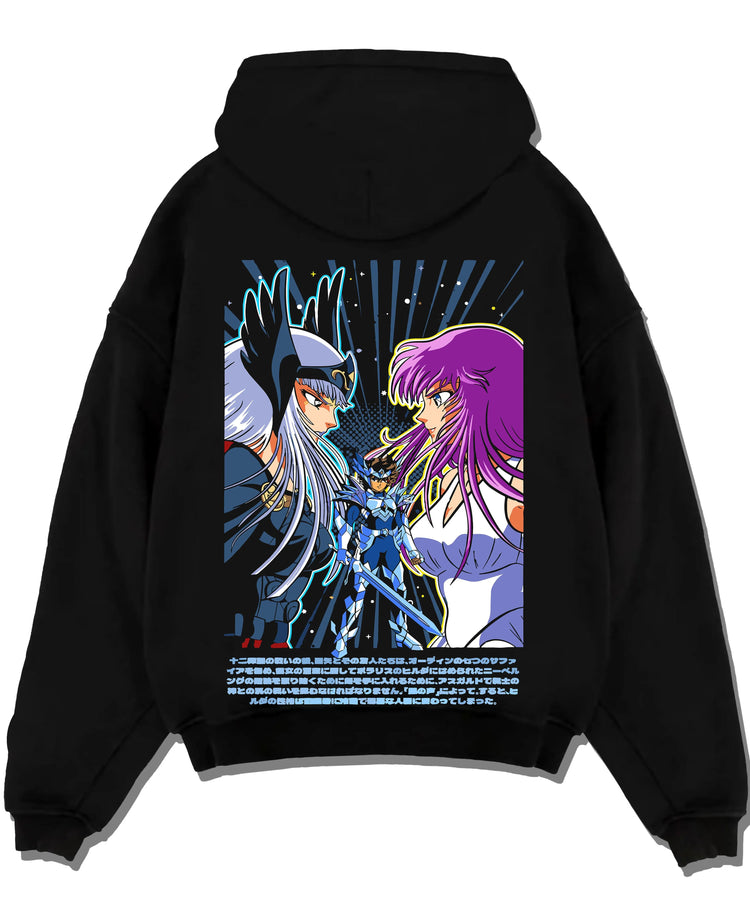 Black hoodie laid flat featuring Shun Andromeda Nebula Chain Saint Seiya artwork.