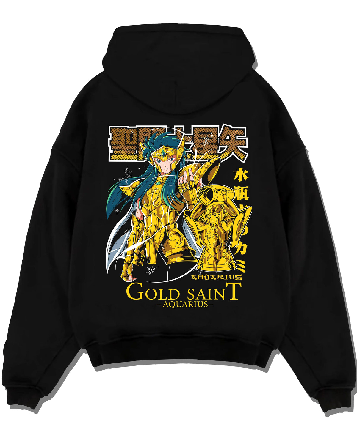 Black hoodie laid flat featuring Camus Aquarius Gold Saint freezing power Saint Seiya artwork.