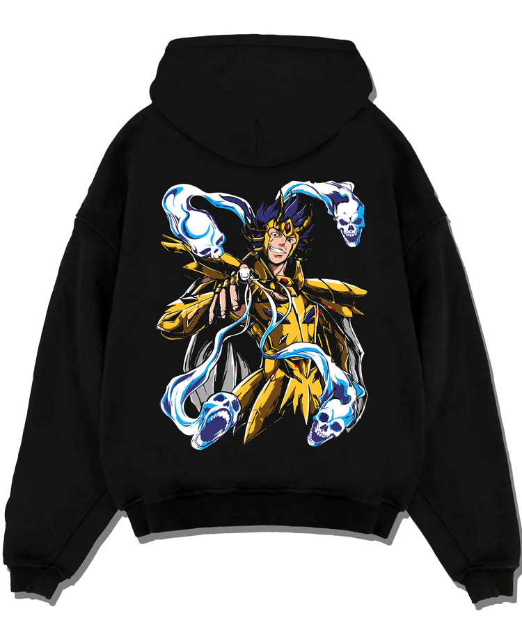 Black pullover hoodie laid flat with Spider Man Hoodie Gold Suit Electro Marvel Crossover graphic premium wear.