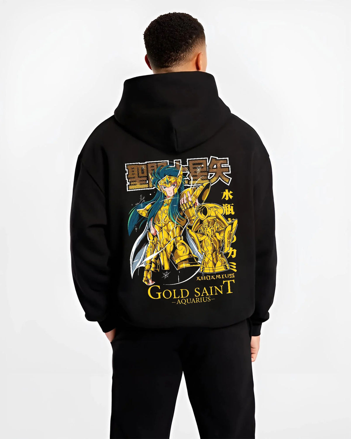 Black hoodie worn by male model from the back featuring Camus Aquarius Gold Saint freezing power Saint Seiya artwork.